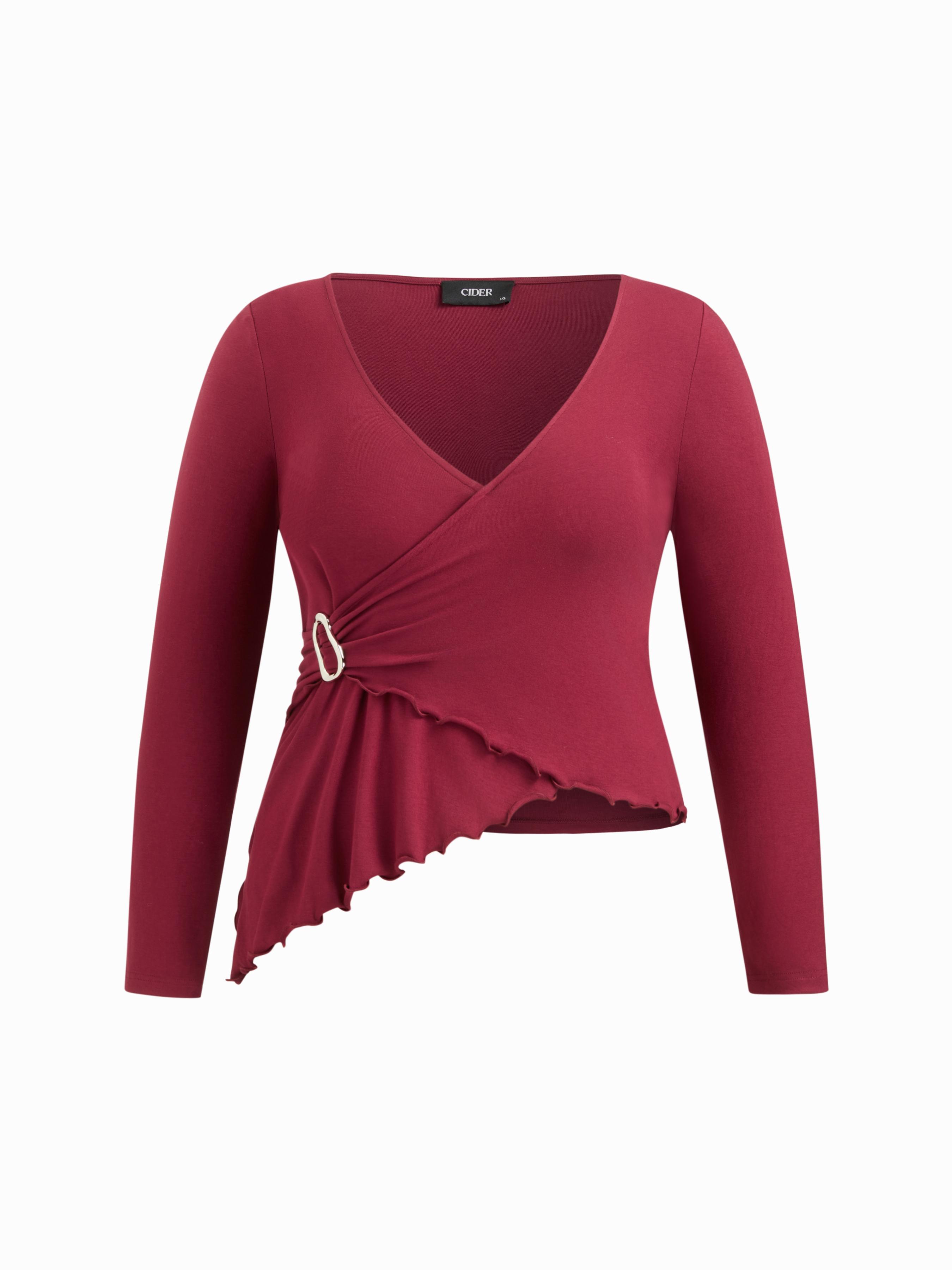 V-neck Long Sleeve Wrap Metal Detail Asymmetrical Hem Top Curve & Plus by CIDER V-neck Long Sleeve Wrap Metal Detail Asymmetrical Hem Top Curve & Plus by CIDER