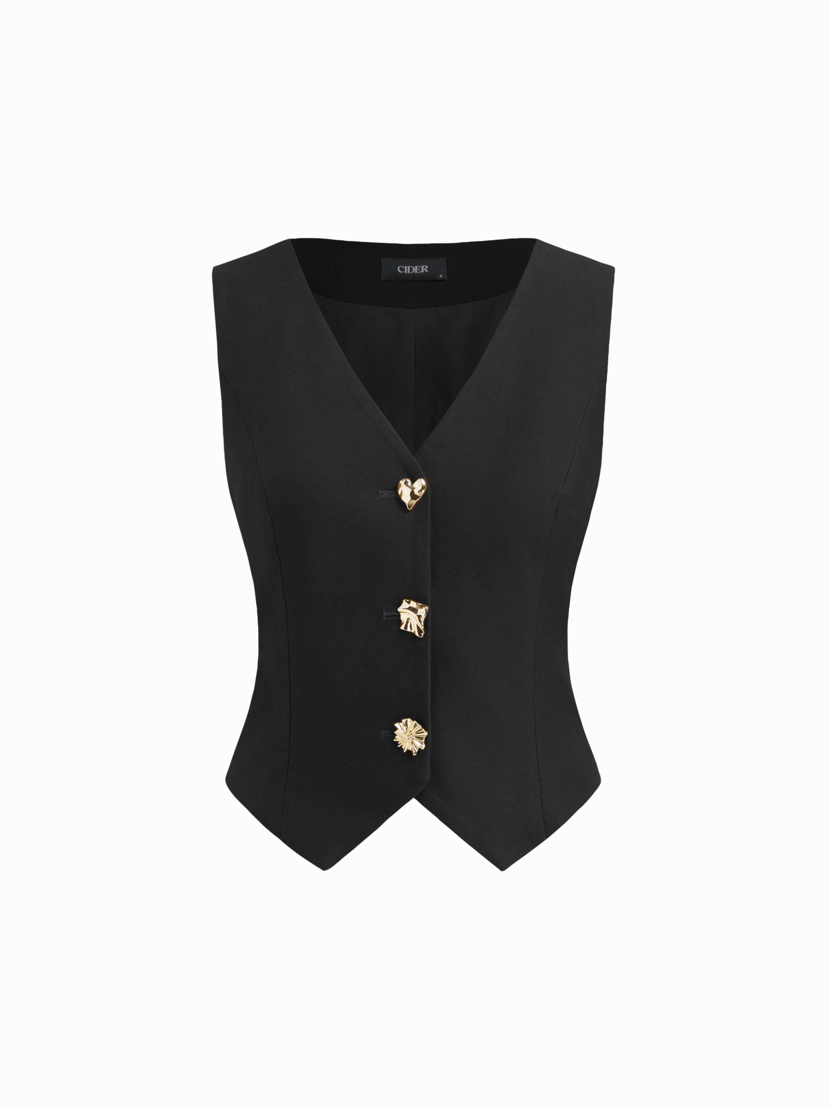 V-neck Metal Button Belted Asymmetrical Hem Blazer Vest by CIDER
