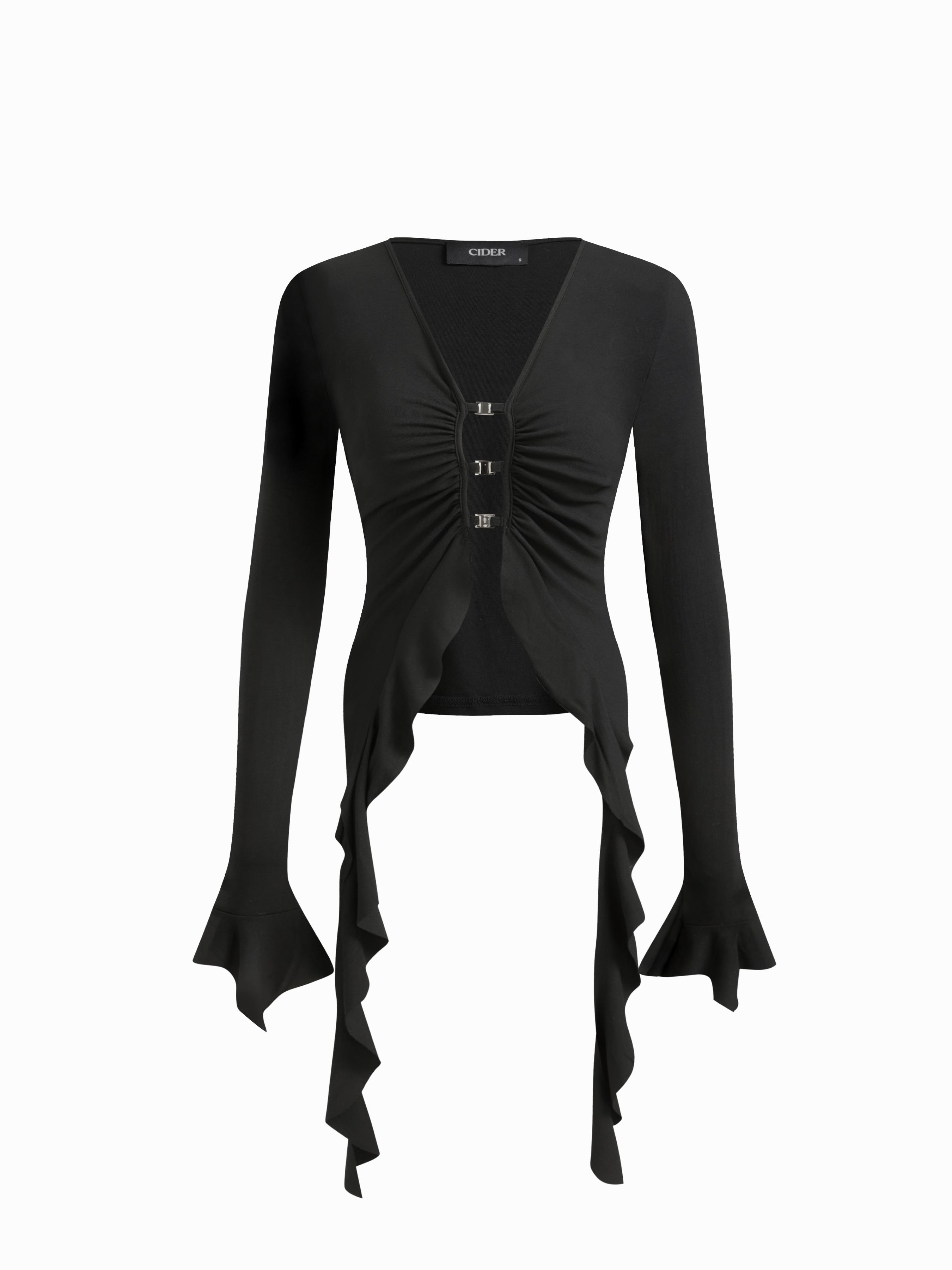 V-neck Metal Detail Cut Out Ruffle Hem Top by CIDER