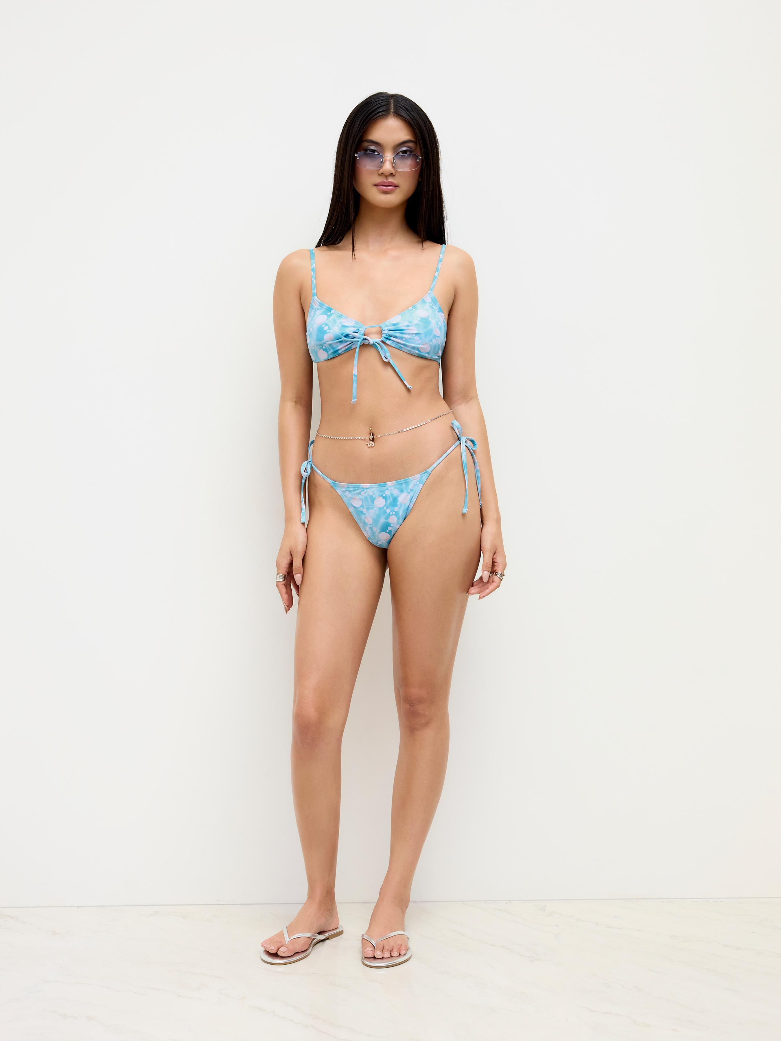V-neck Pearl & Shell Cut Out Knotted Bracelet Tie Side Bikini Set by CIDER