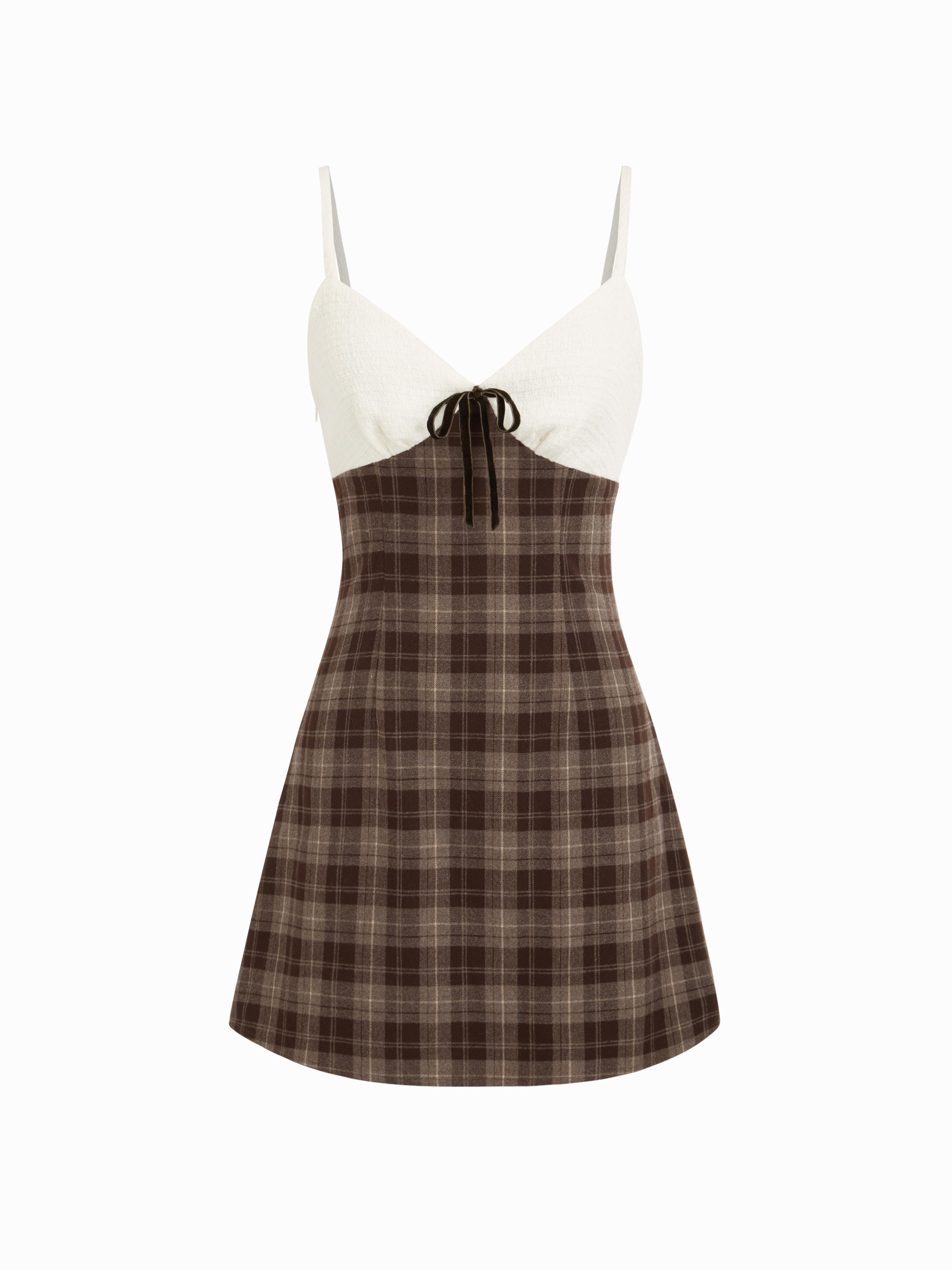 V-neck Plaid Patched Bowknot Cami Mini Dress by CIDER