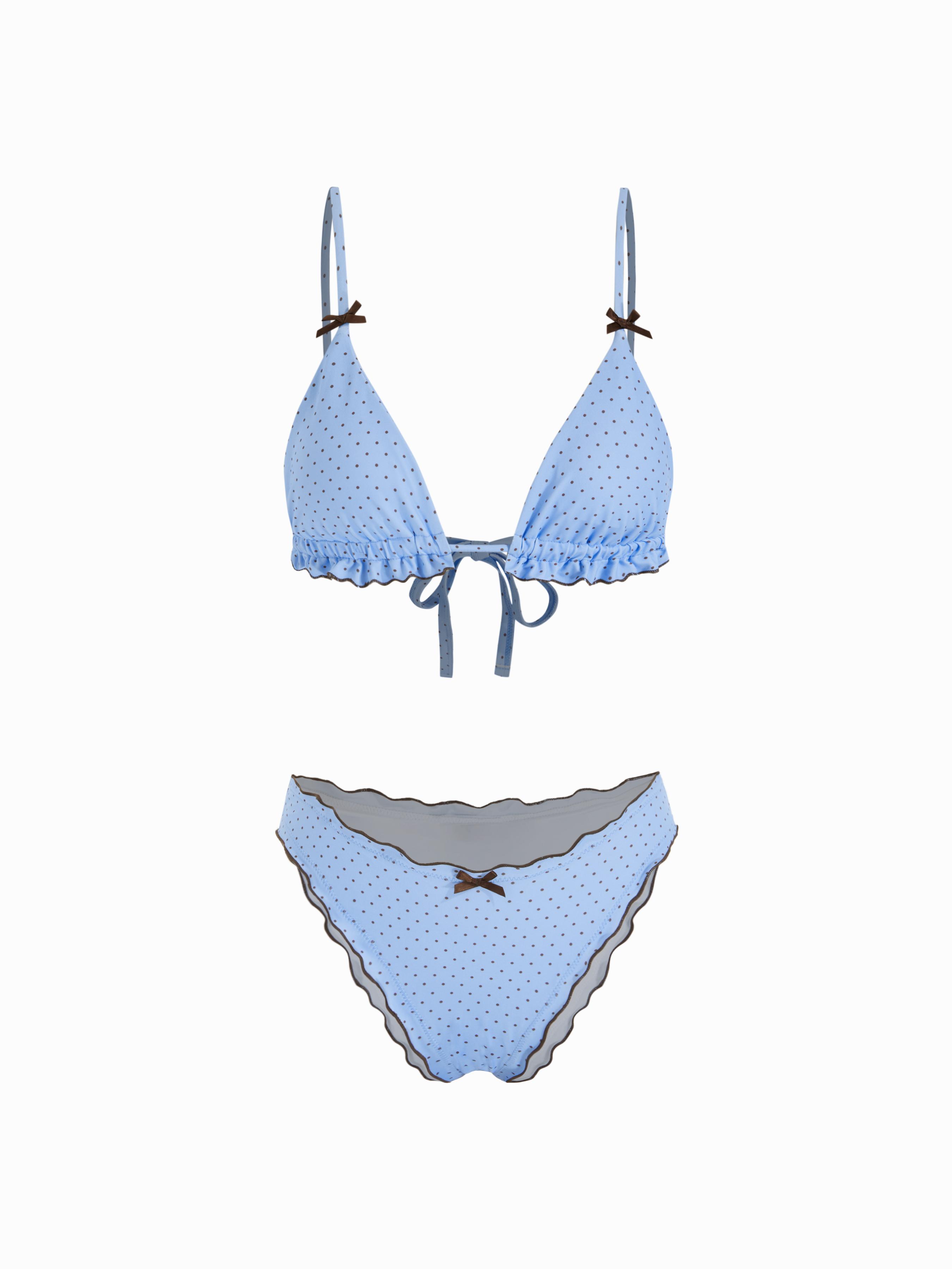 V-neck Polka Dot Lettuce Trim Bowknot Halter Bikini Set by CIDER