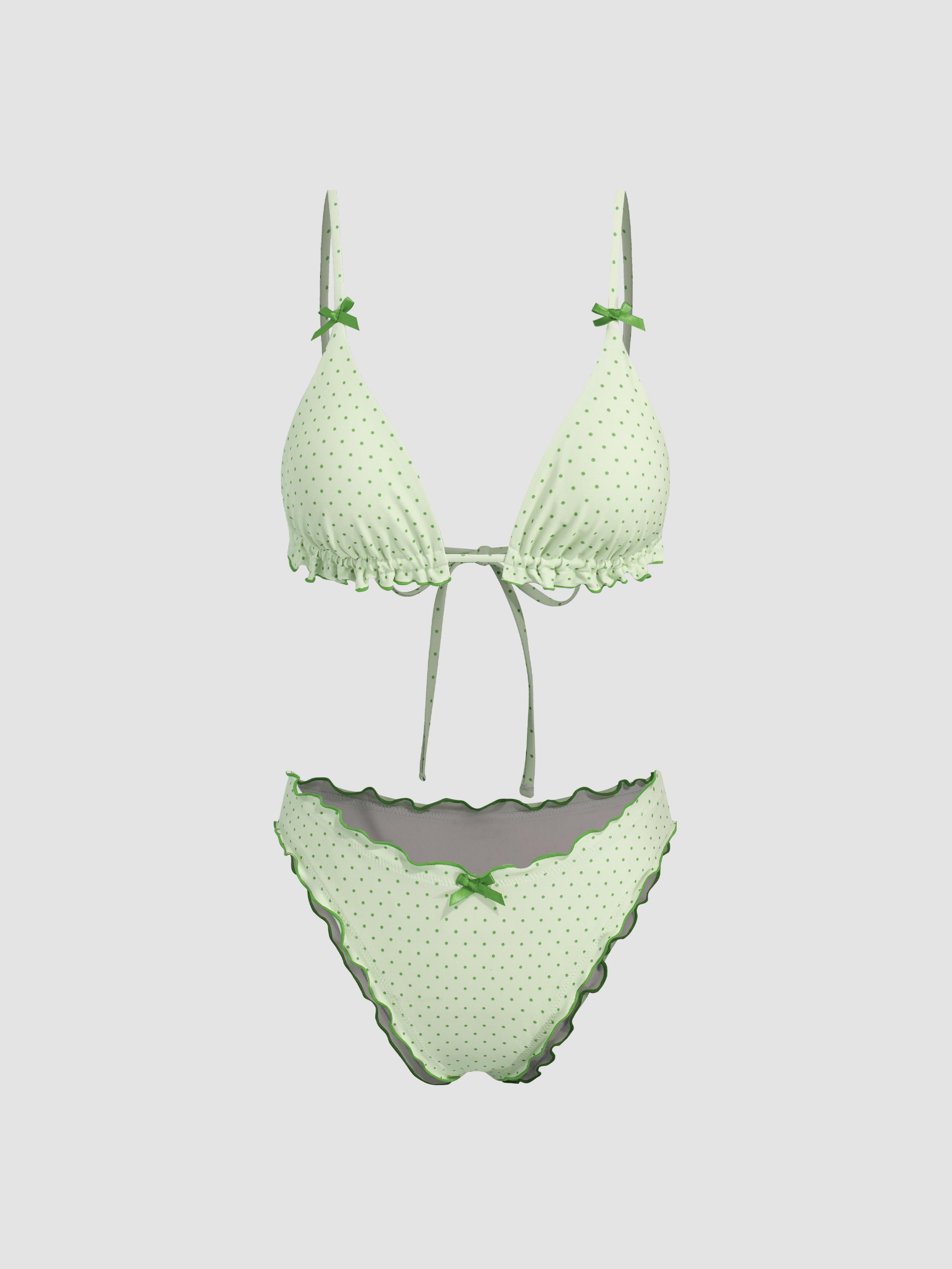 V-neck Polka Dot Lettuce Trim Bowknot Halter Bikini Set by CIDER
