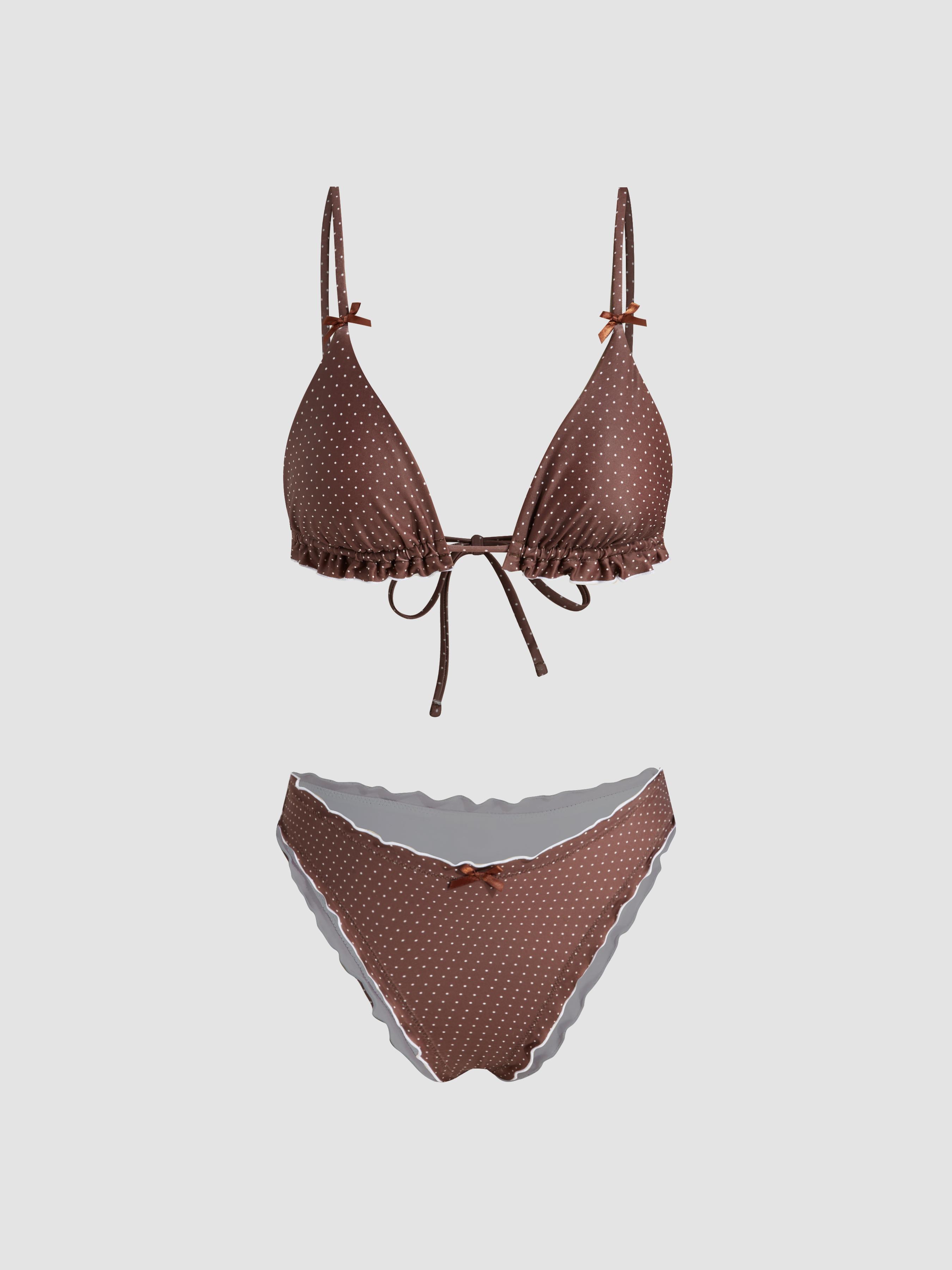 V-neck Polka Dot Lettuce Trim Bowknot Halter Bikini Set by CIDER