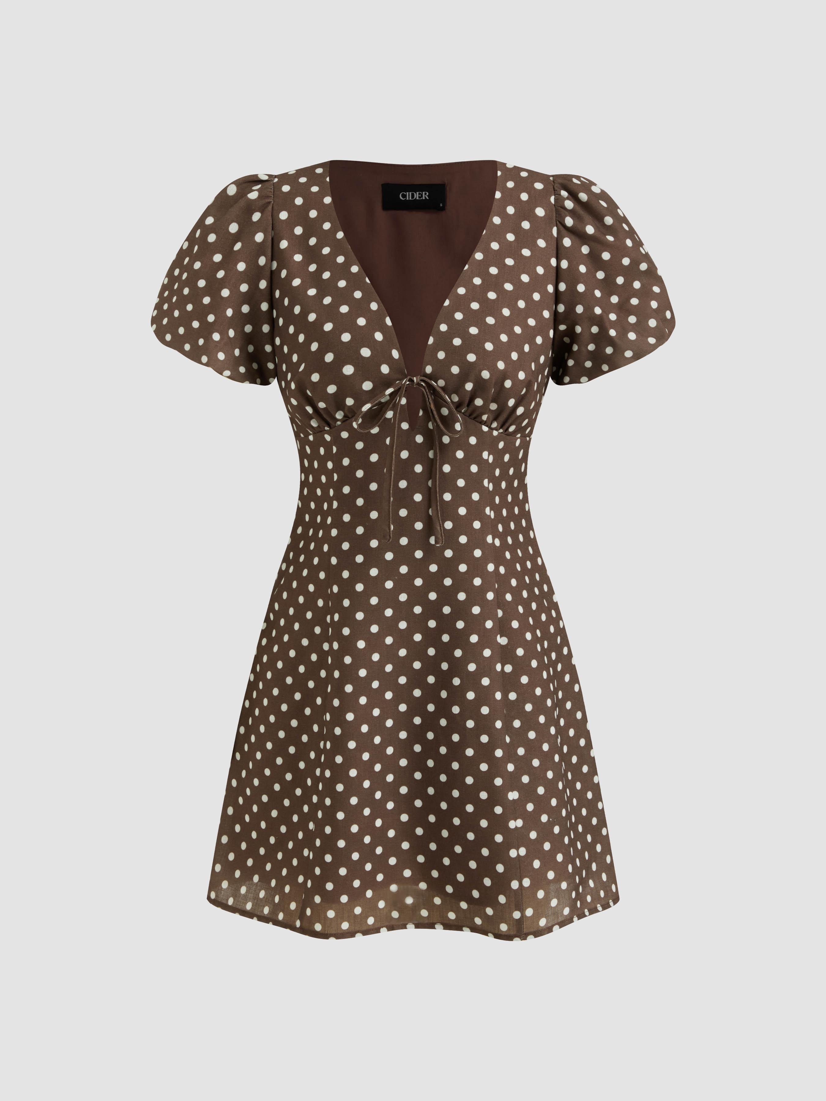 V-neck Puff Sleeve Polka Dot Knotted Mini Dress by CIDER