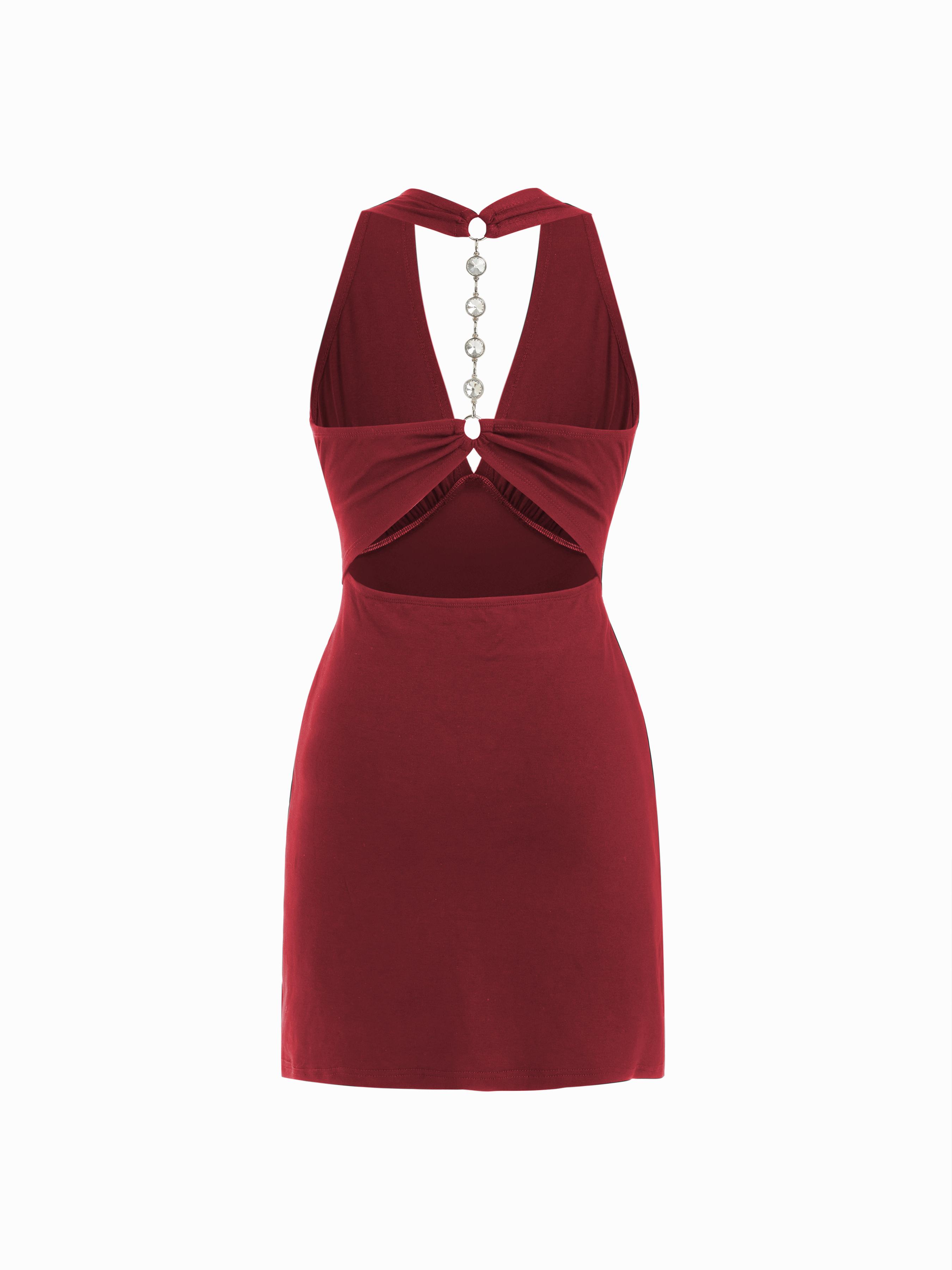 V-neck Ruched Backless Rhinestone Chain Mini Dress by CIDER