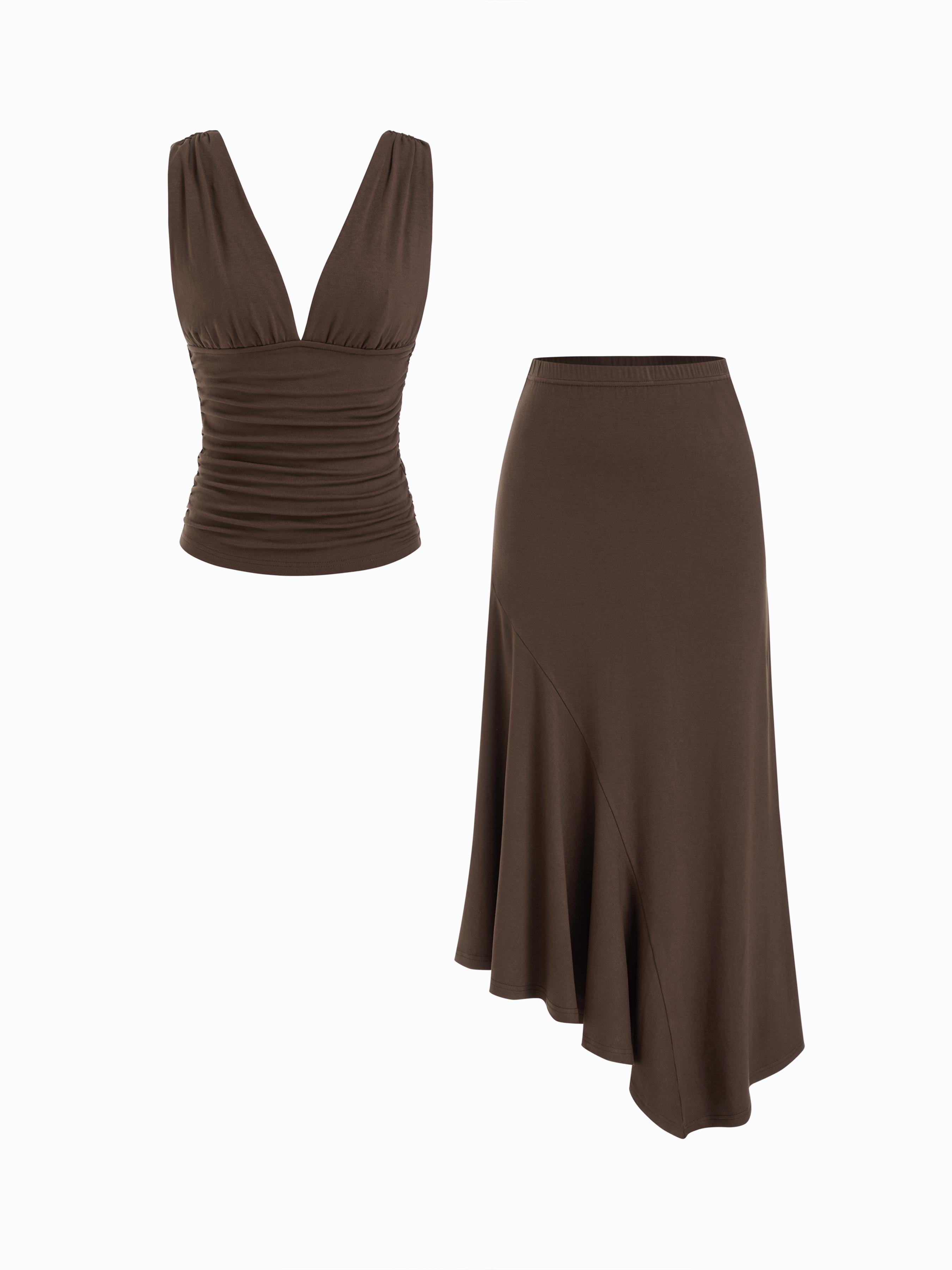 V-neck Ruched Backless Tank Top & Asymmetrical Hem Maxi Skirt Set by CIDER