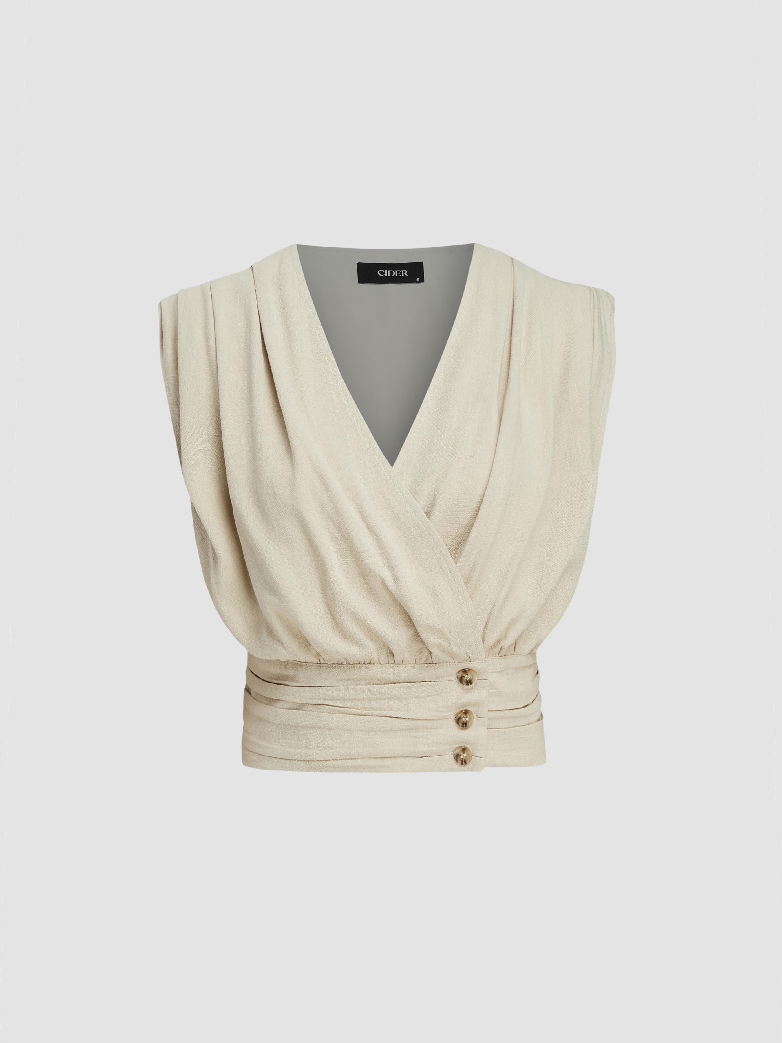 V-neck Ruched Button Corset Solid Tank Top by CIDER