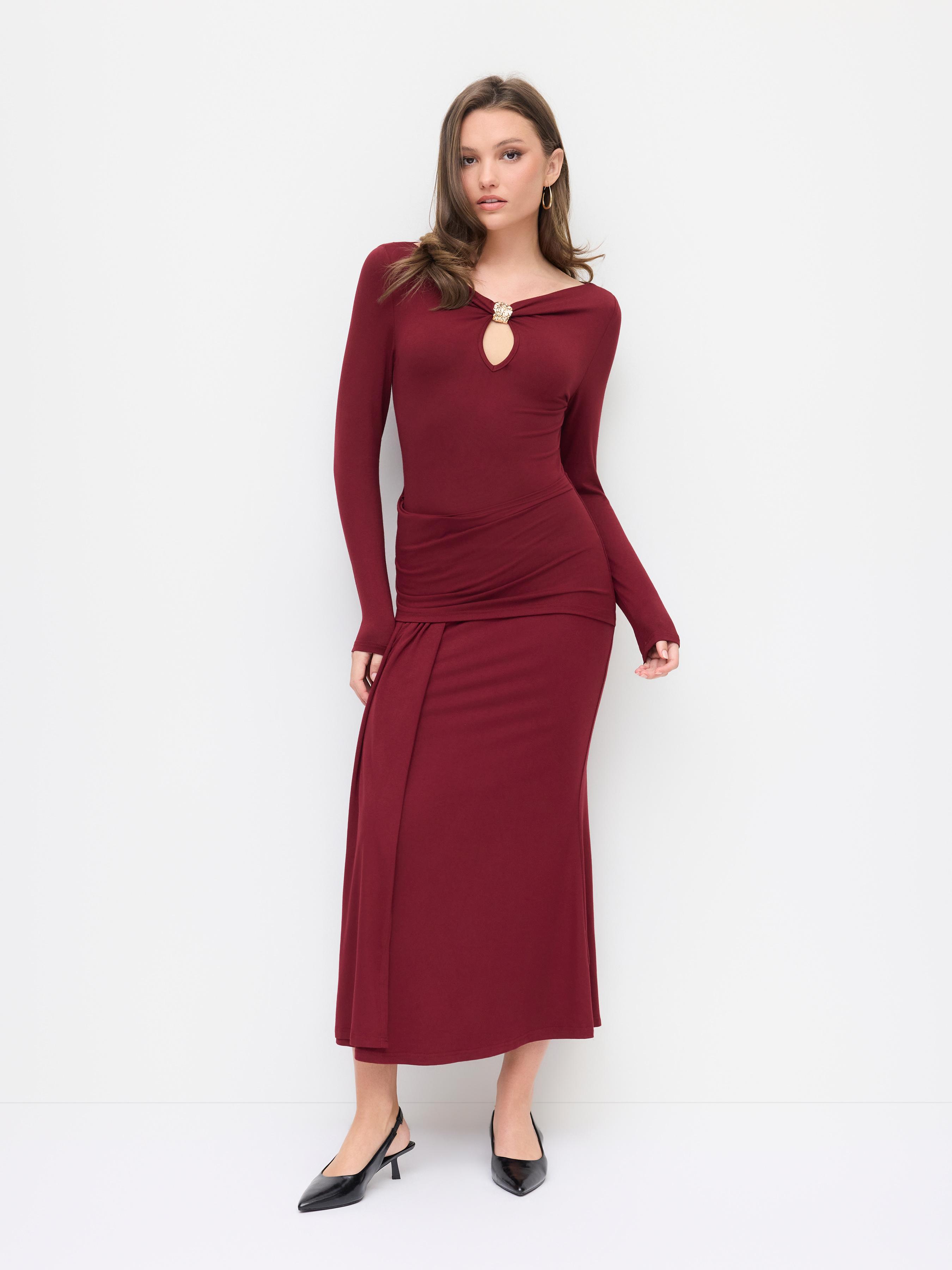 V-neck Ruched Cut Out Metal Detail Maxi Dress by CIDER