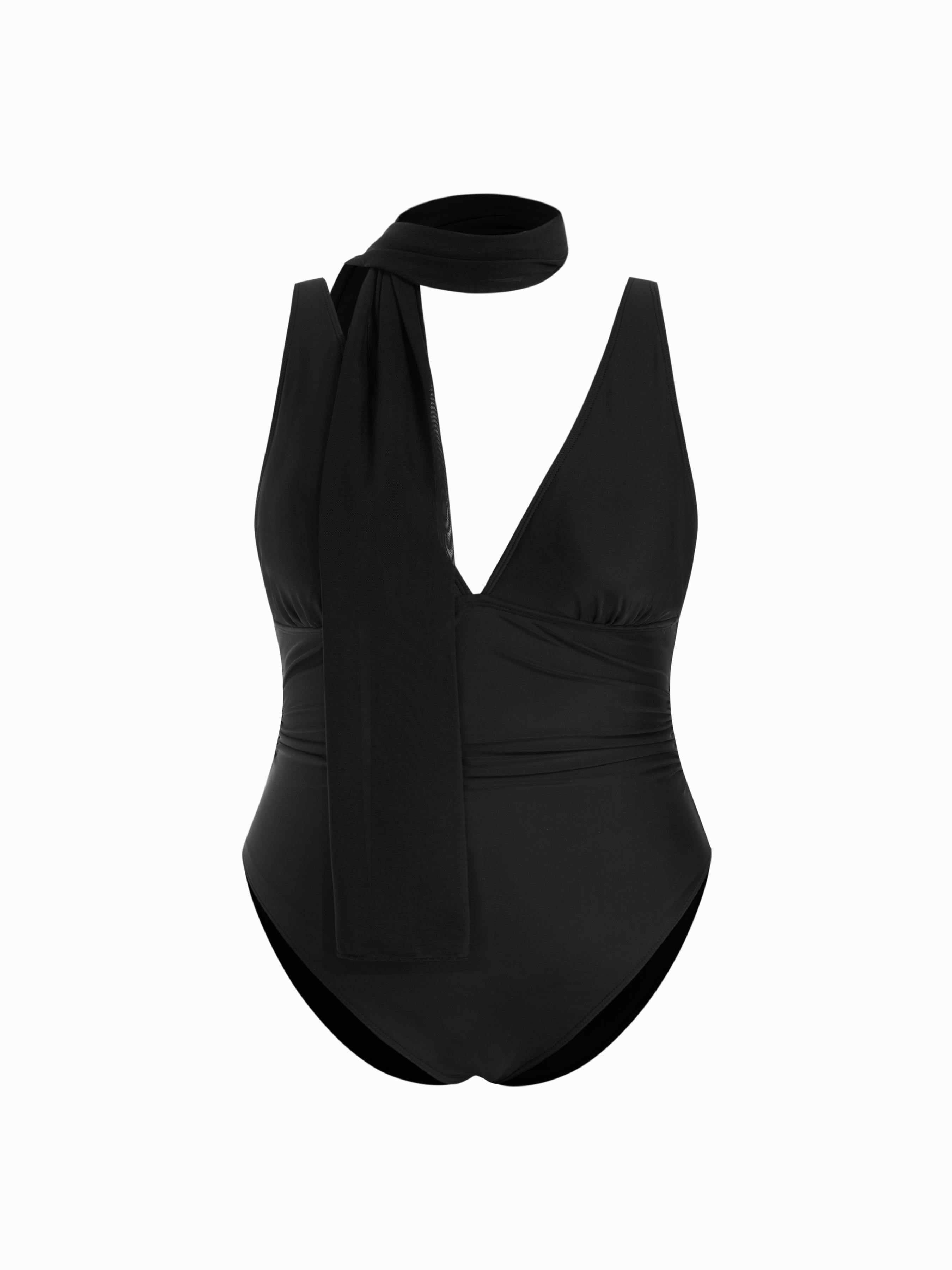 V-neck Ruched High Stretch One-piece Swimsuit With Sheer Scarf Curve & Plus by CIDER