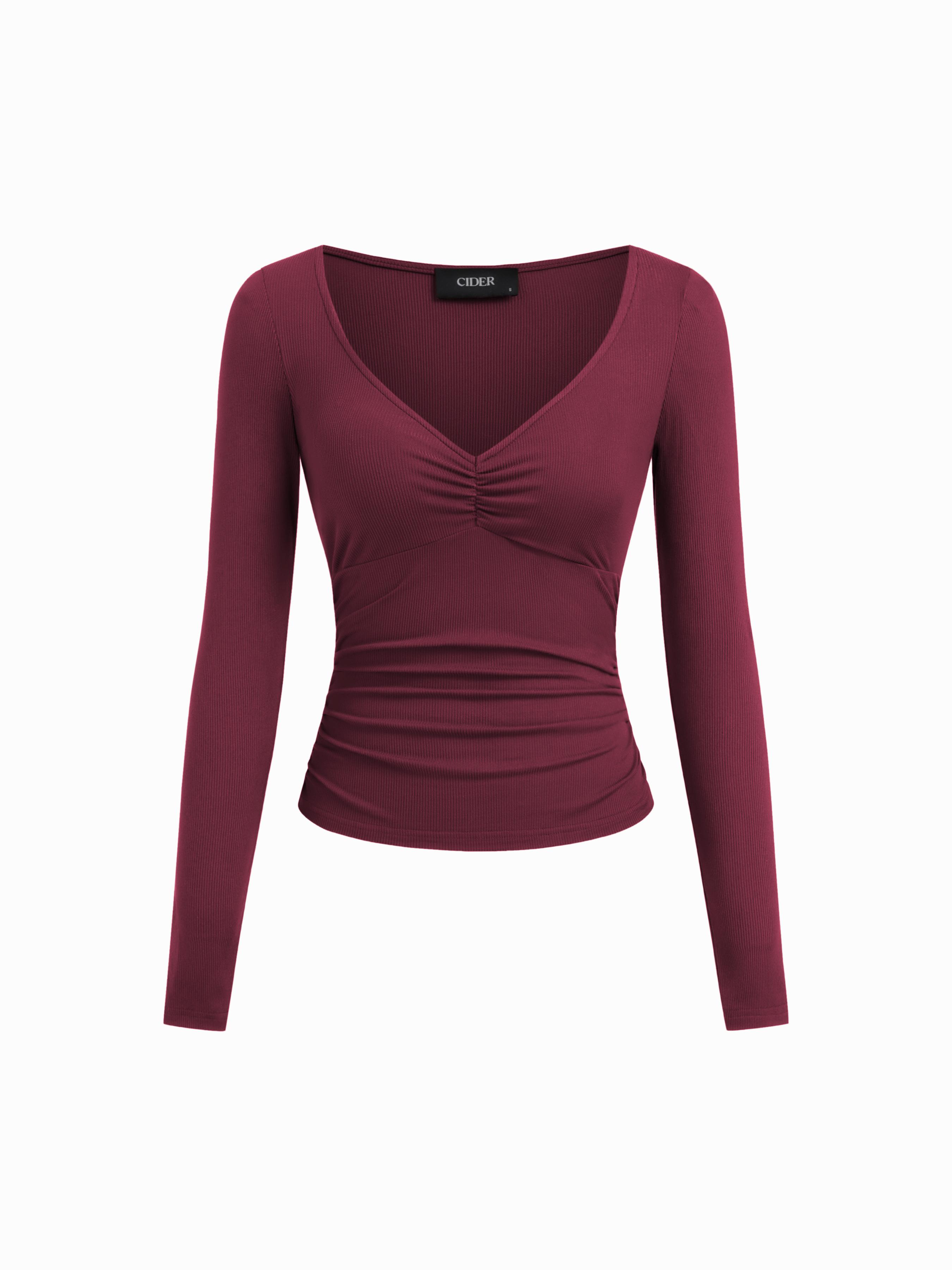 V-neck Ruched Long Sleeve Tee by CIDER