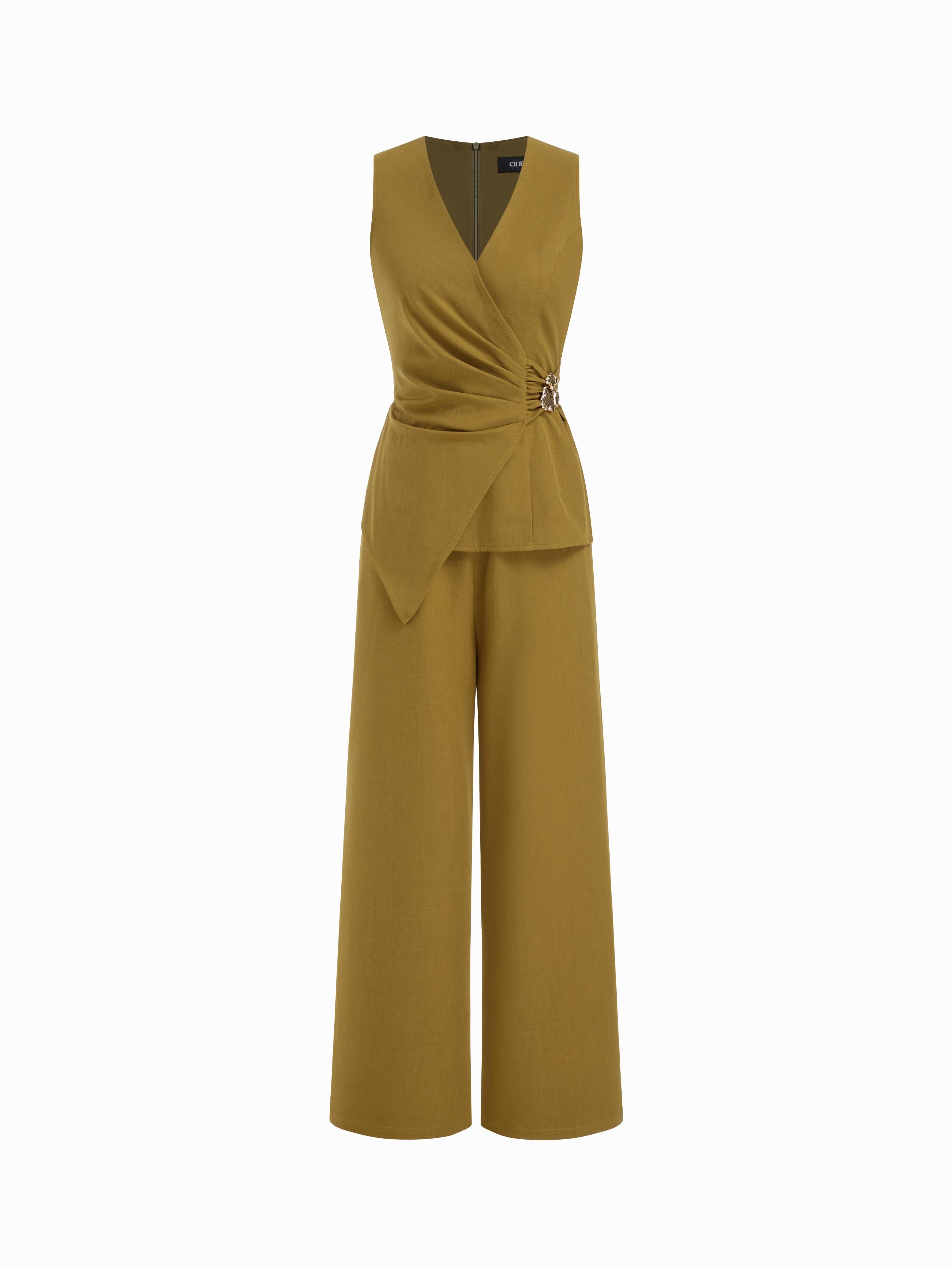 V-neck Ruched Metal Detail Wide Leg Jumpsuit by CIDER