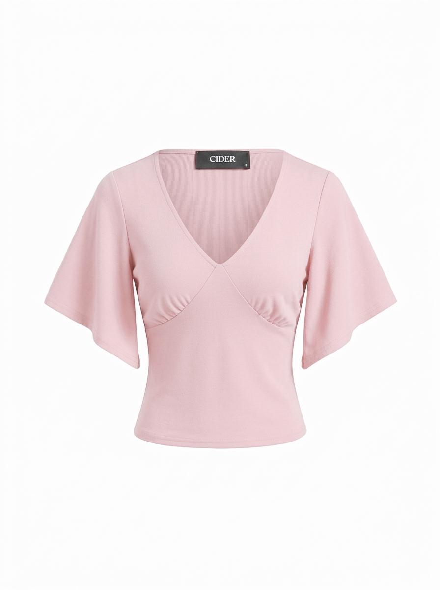V-neck Ruched Short Bell Sleeve Top by CIDER