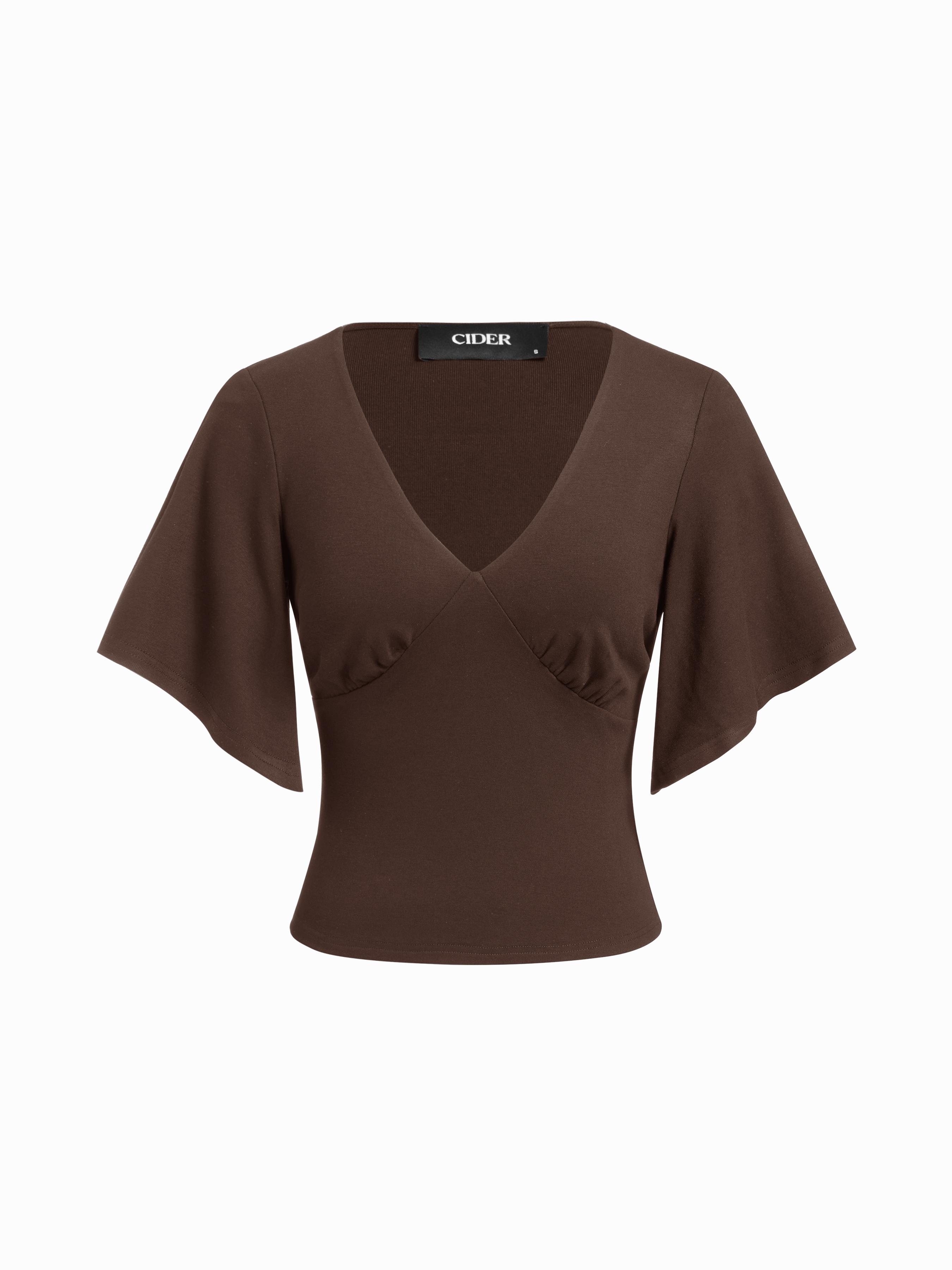 V-neck Ruched Short Bell Sleeve Top by CIDER