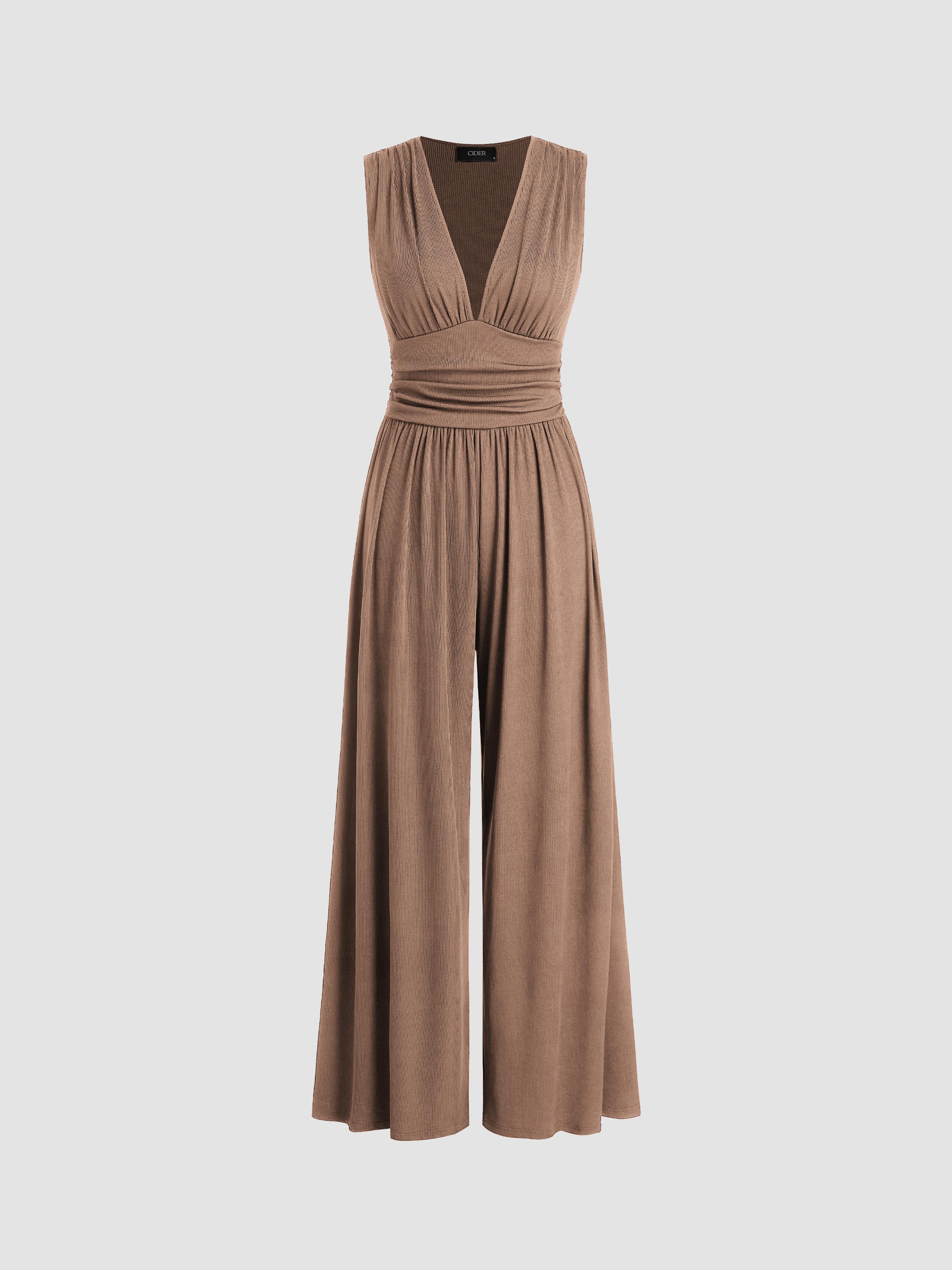 V-neck Ruched Solid Wide Leg Jumpsuit by CIDER