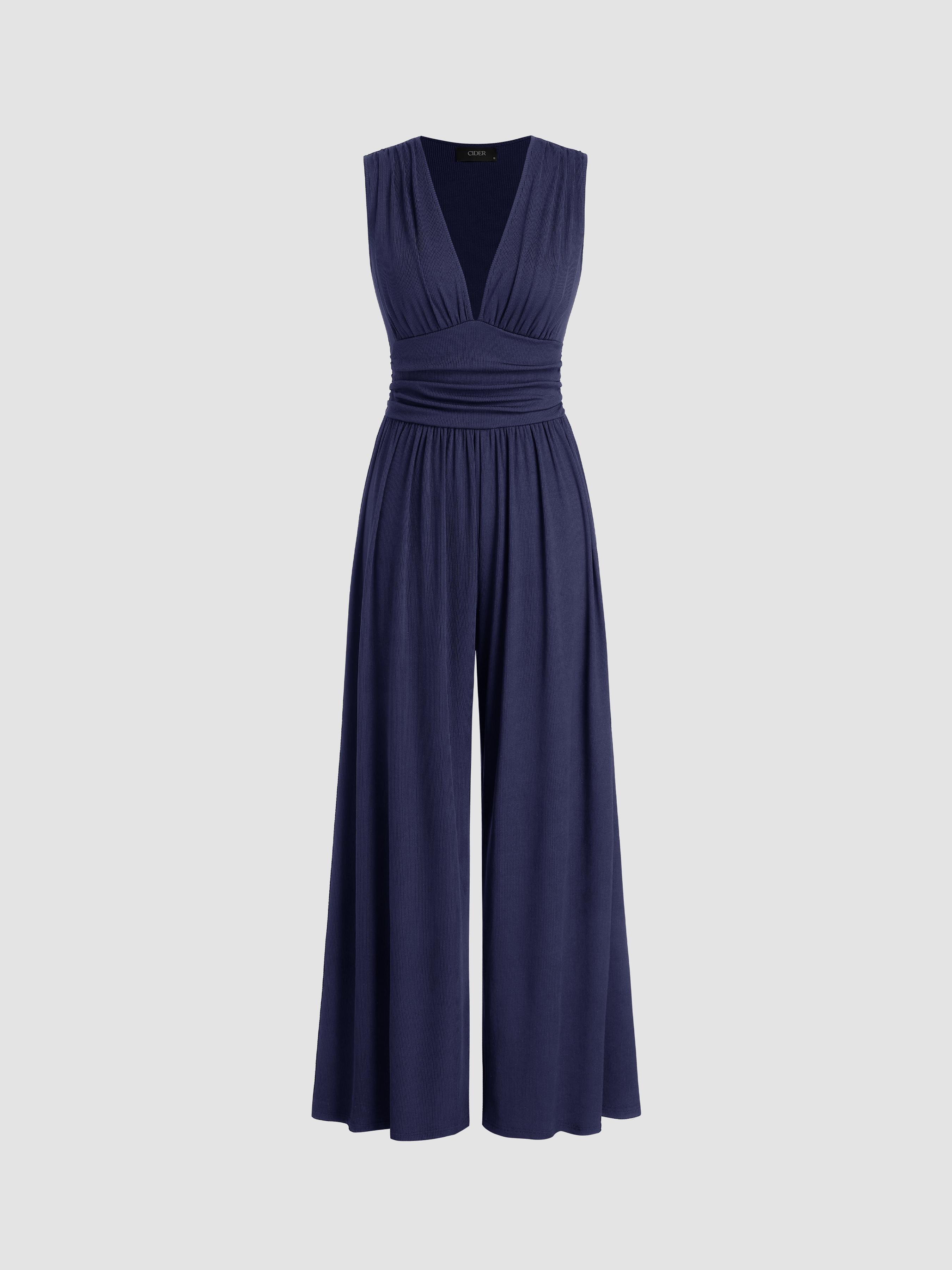 V-neck Ruched Solid Wide Leg Jumpsuit by CIDER