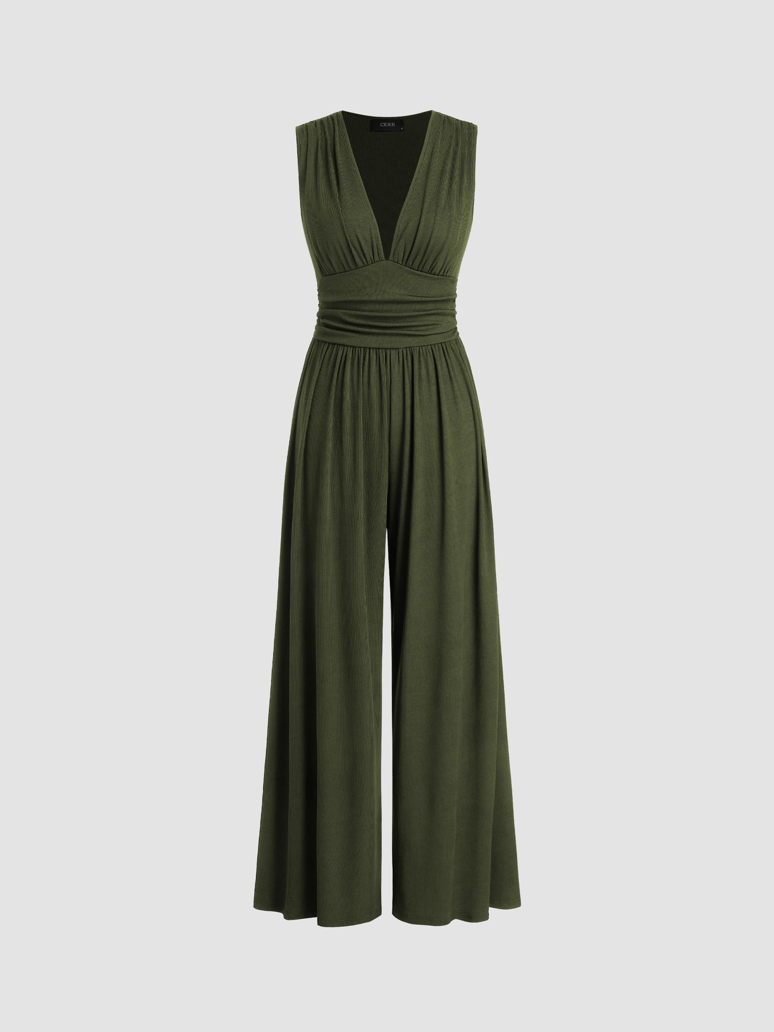 V-neck Ruched Solid Wide Leg Jumpsuit by CIDER