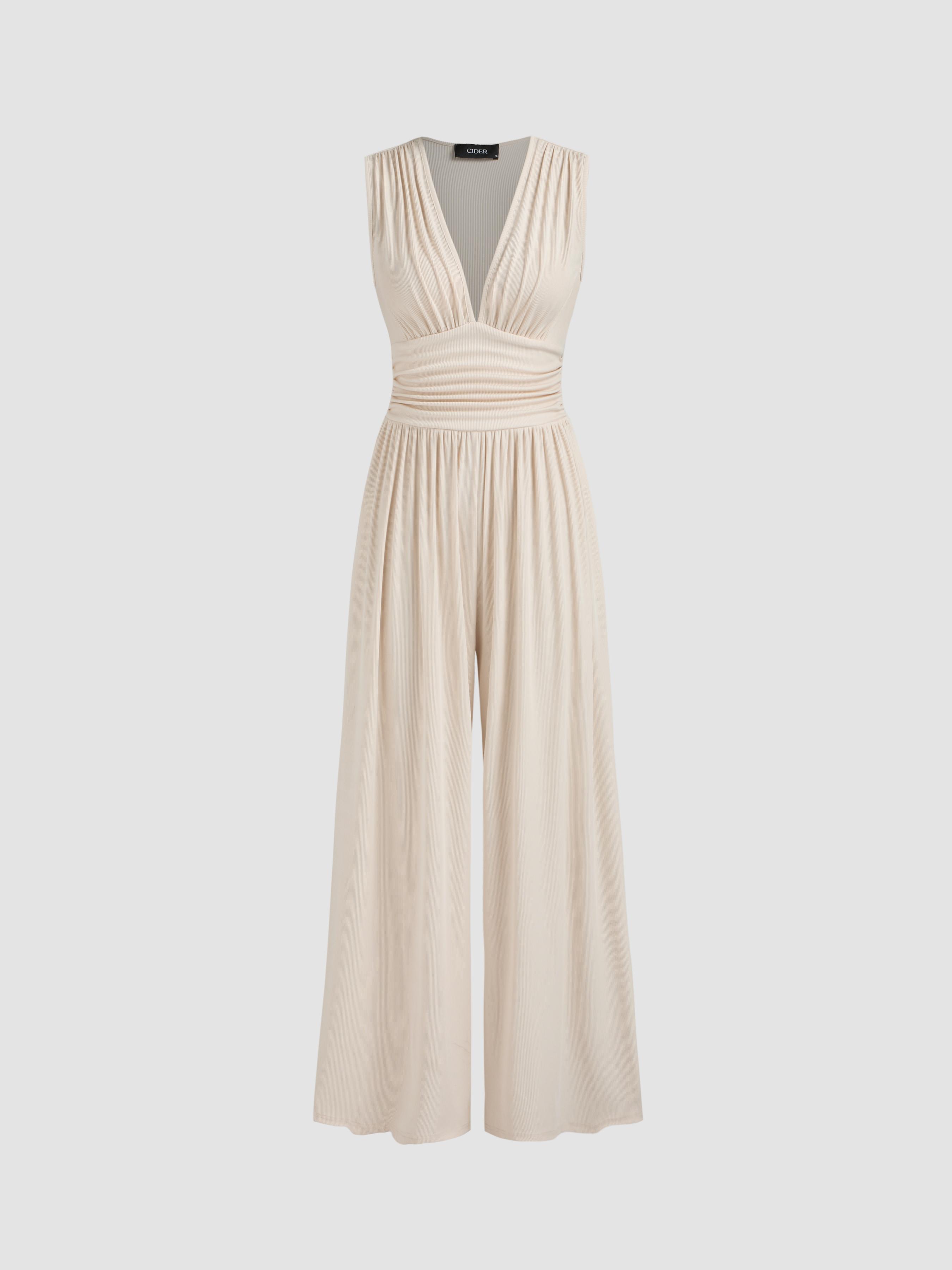 V-neck Ruched Solid Wide Leg Jumpsuit by CIDER