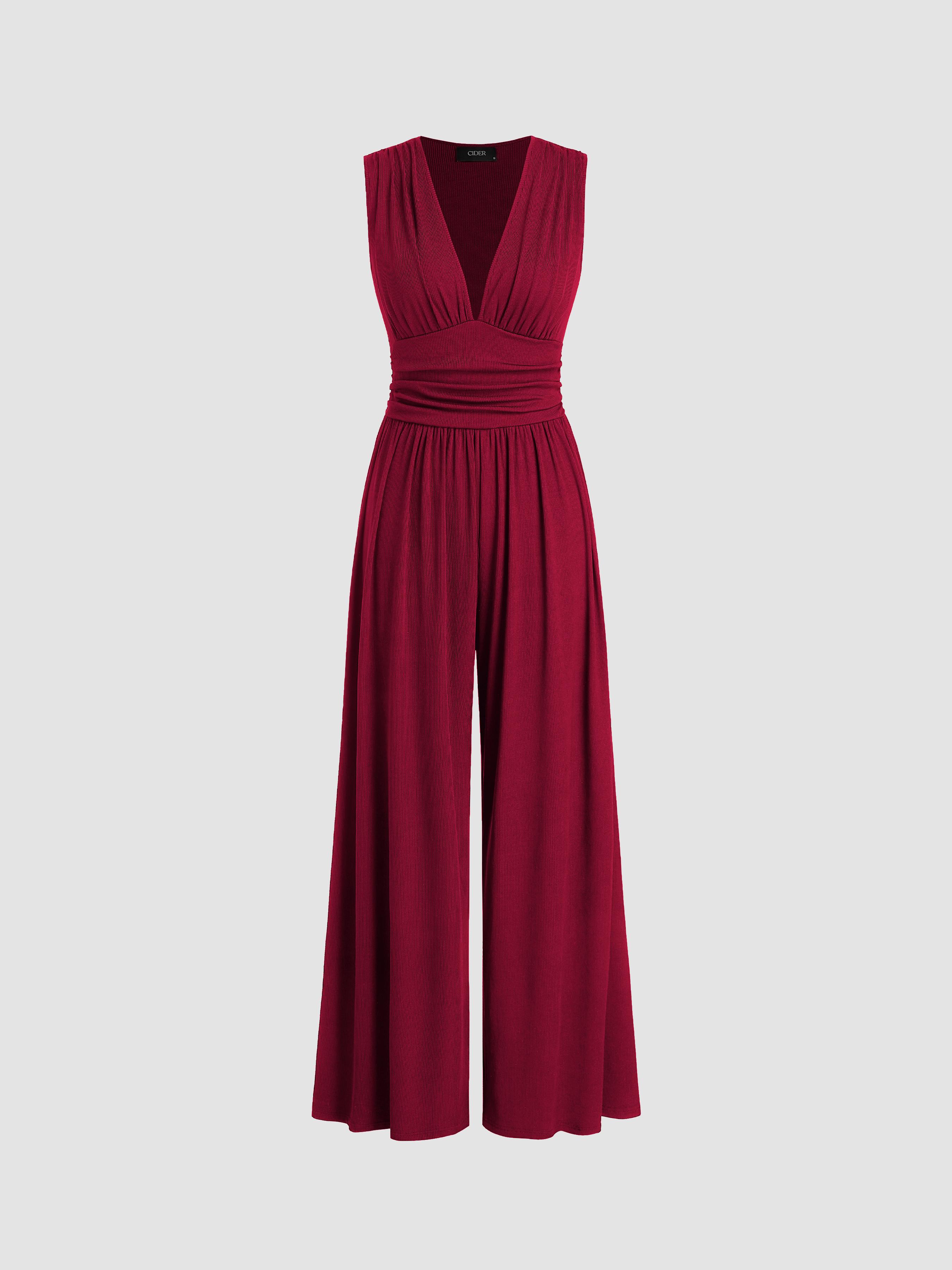 V-neck Ruched Solid Wide Leg Jumpsuit by CIDER