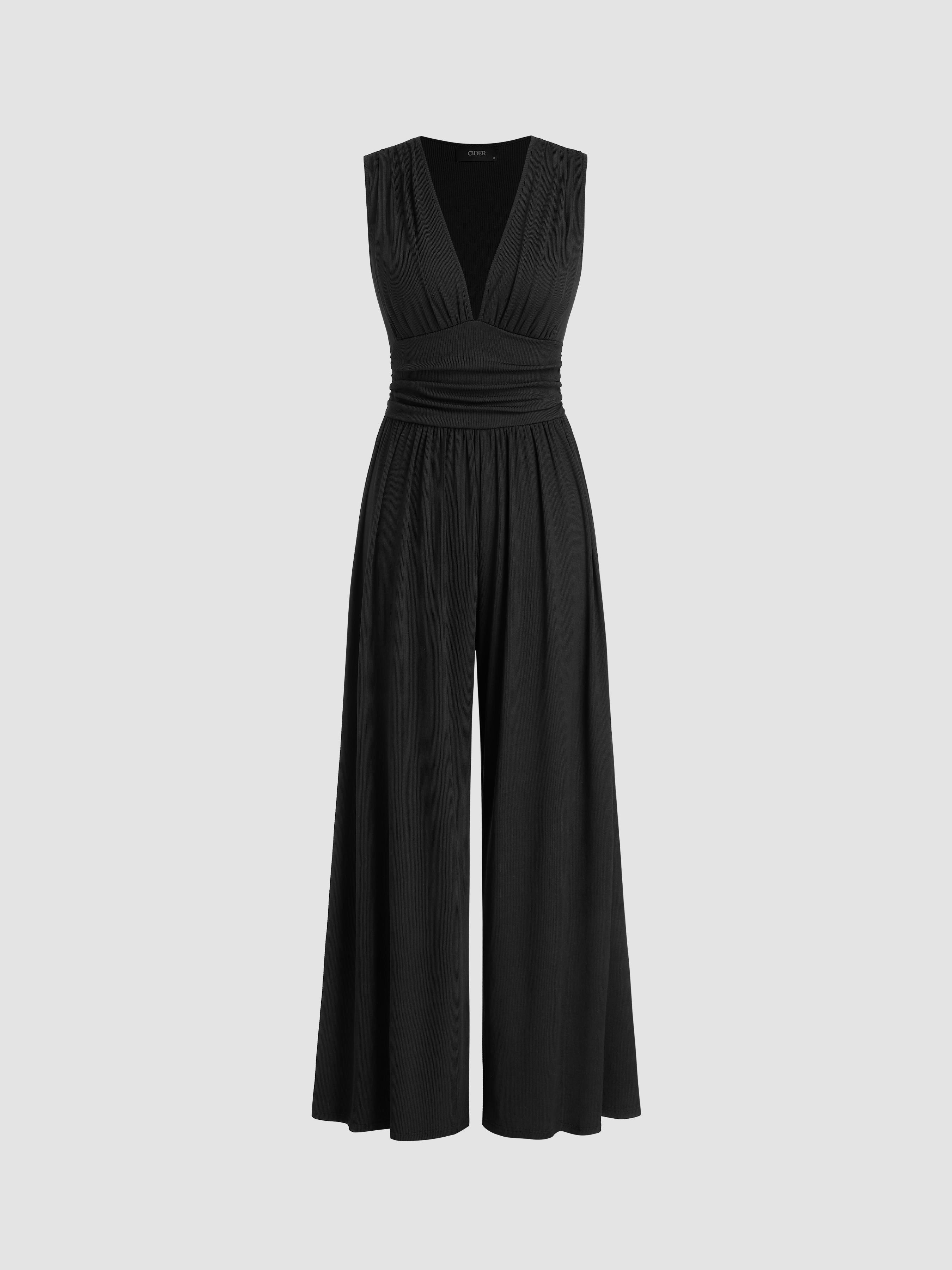 V-neck Ruched Solid Wide Leg Jumpsuit by CIDER