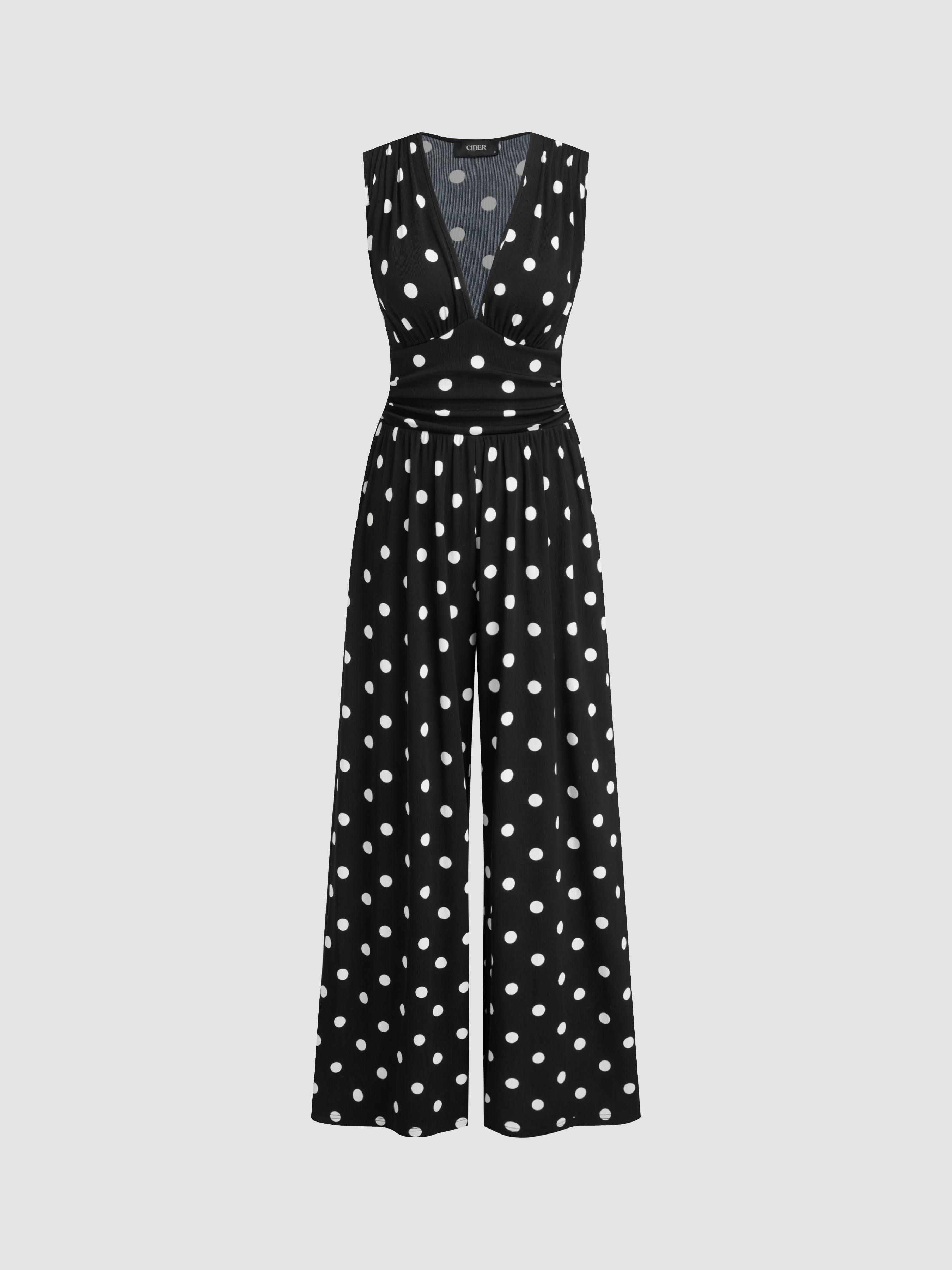 V-neck Ruched Solid Wide Leg Jumpsuit by CIDER