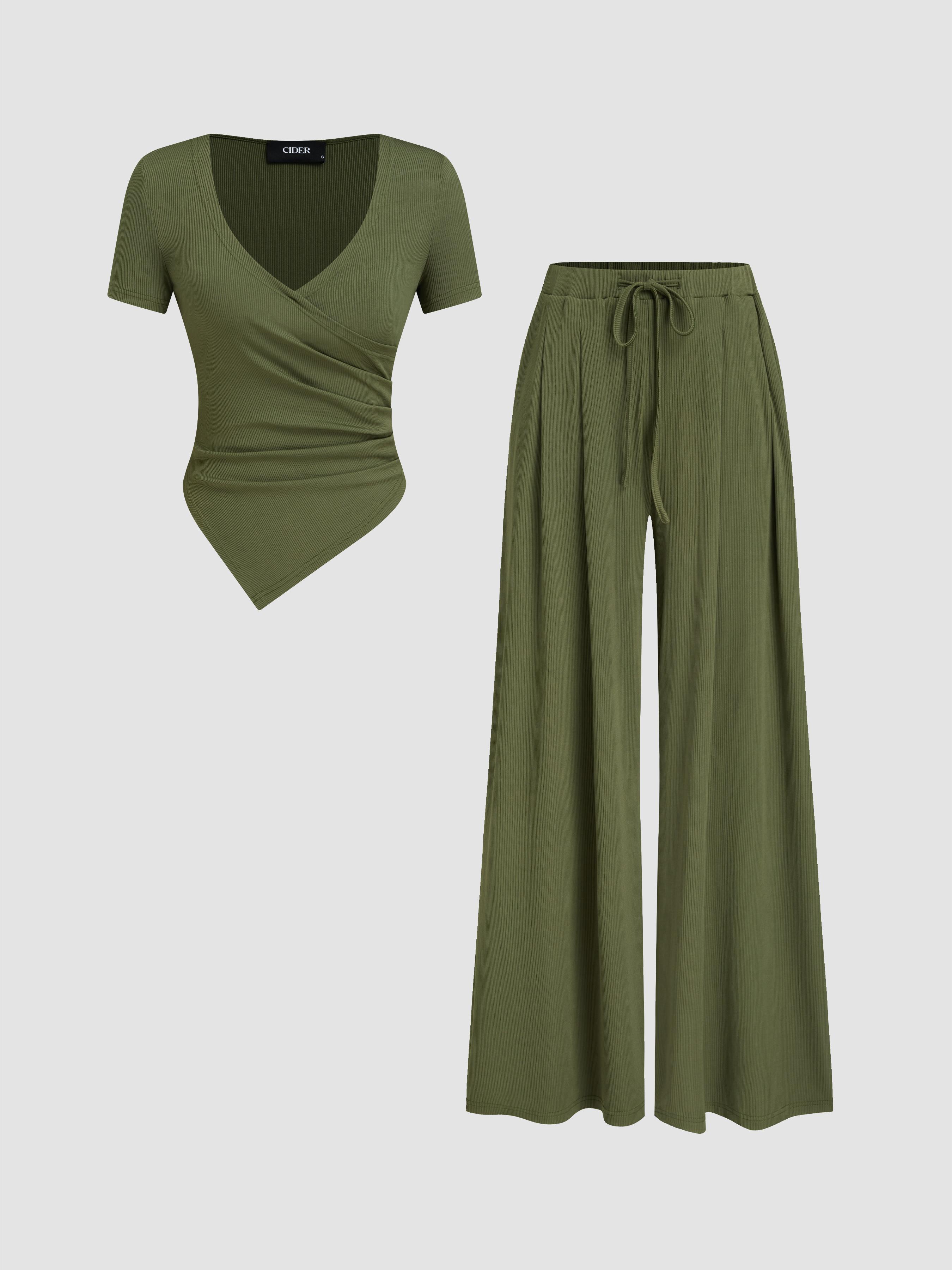 V-neck Ruched Top & Mid Rise Elastic Waist Knotted Straight Leg Trousers by CIDER