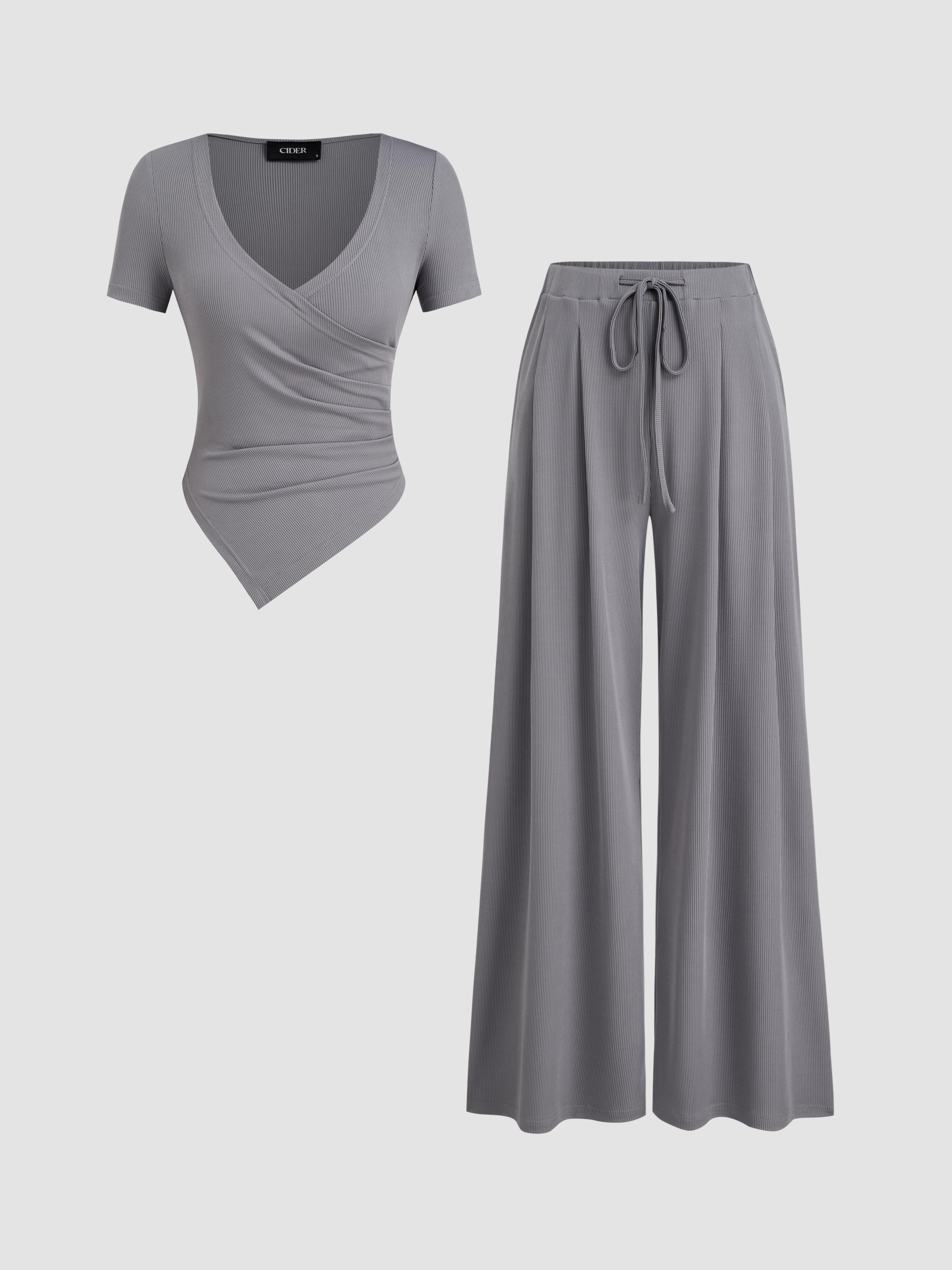 V-neck Ruched Top & Mid Rise Elastic Waist Knotted Straight Leg Trousers by CIDER