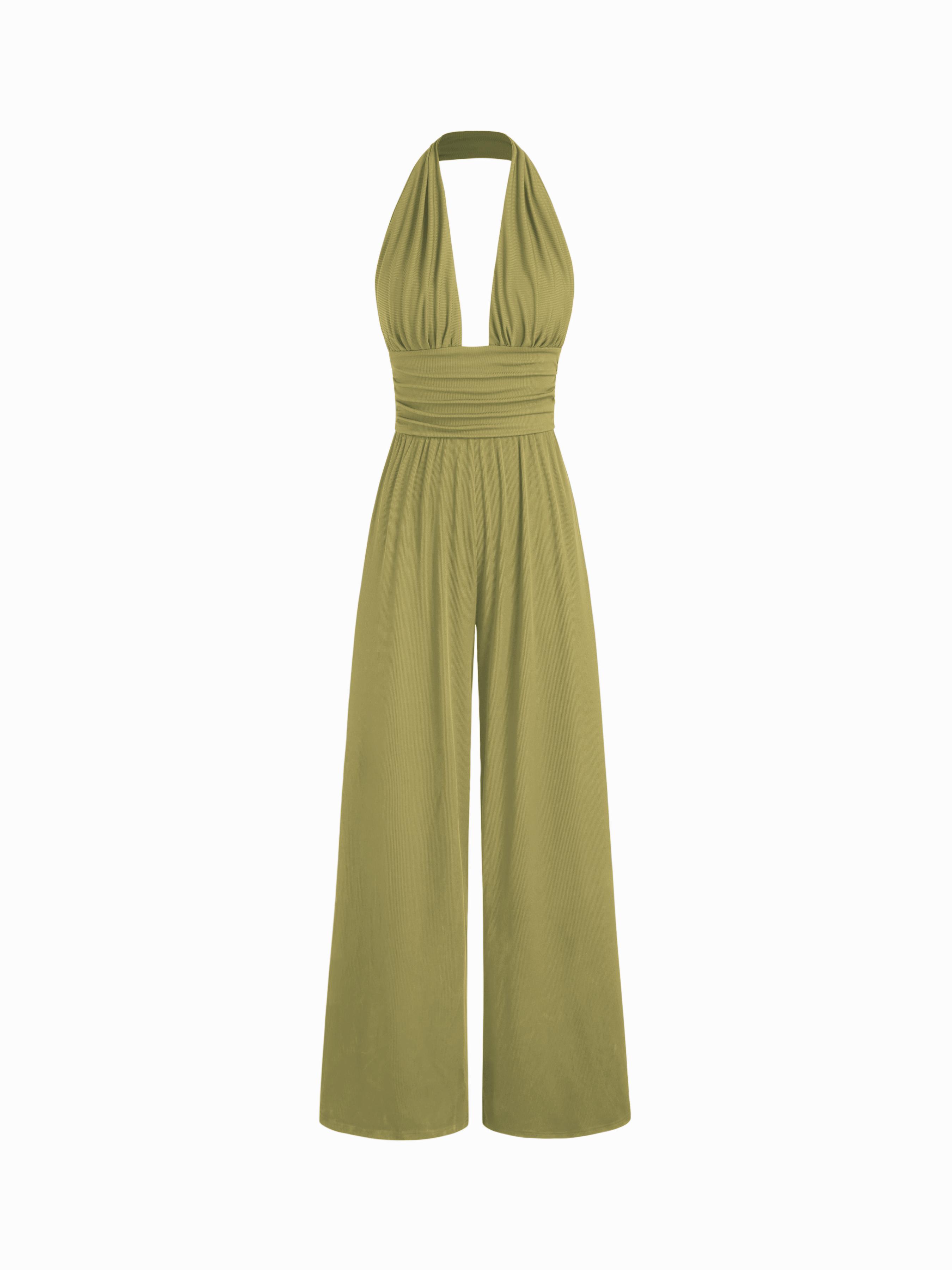 V-neck Ruched Wide Leg Jumpsuit by CIDER