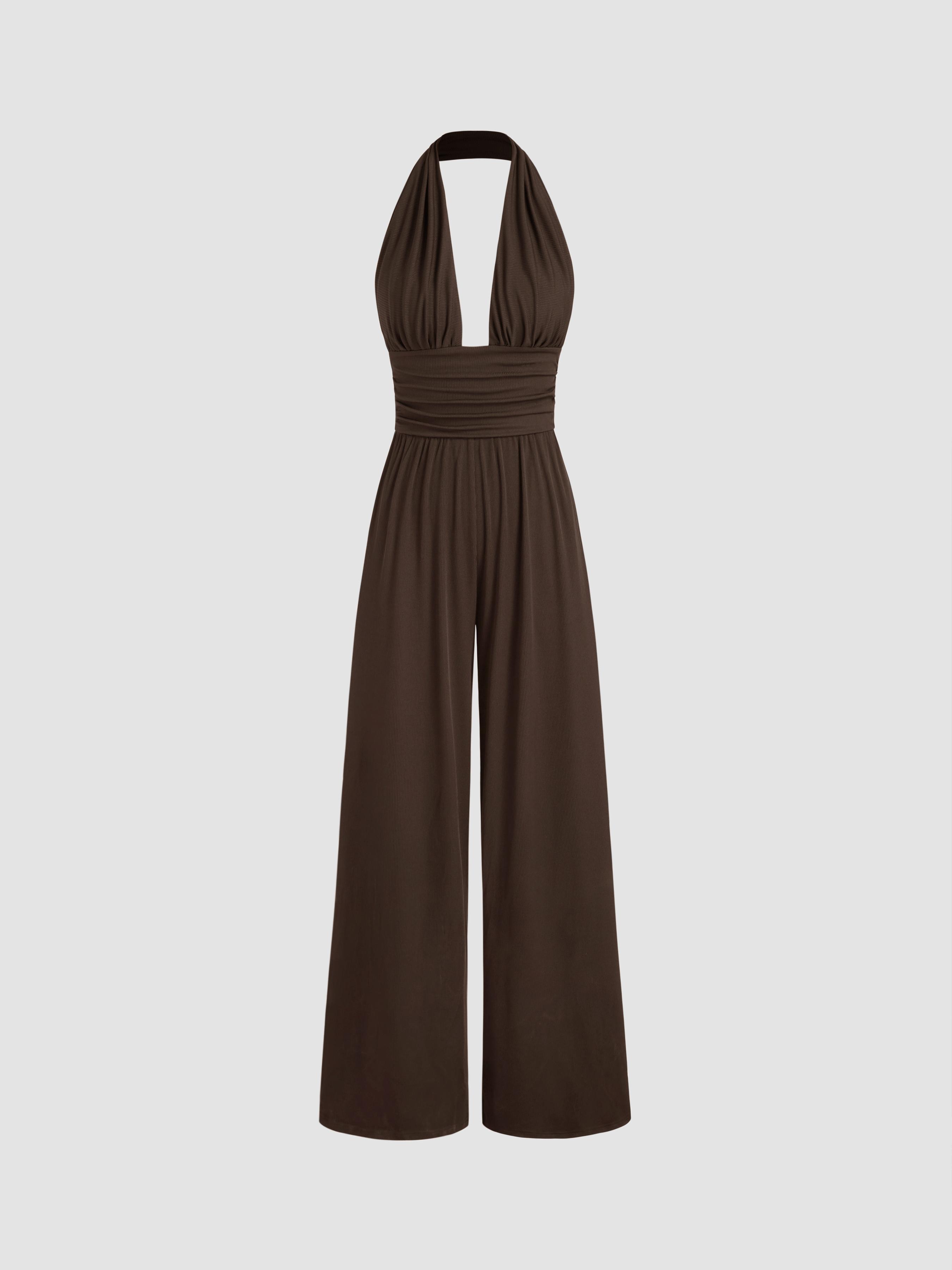 V-neck Ruched Wide Leg Jumpsuit by CIDER