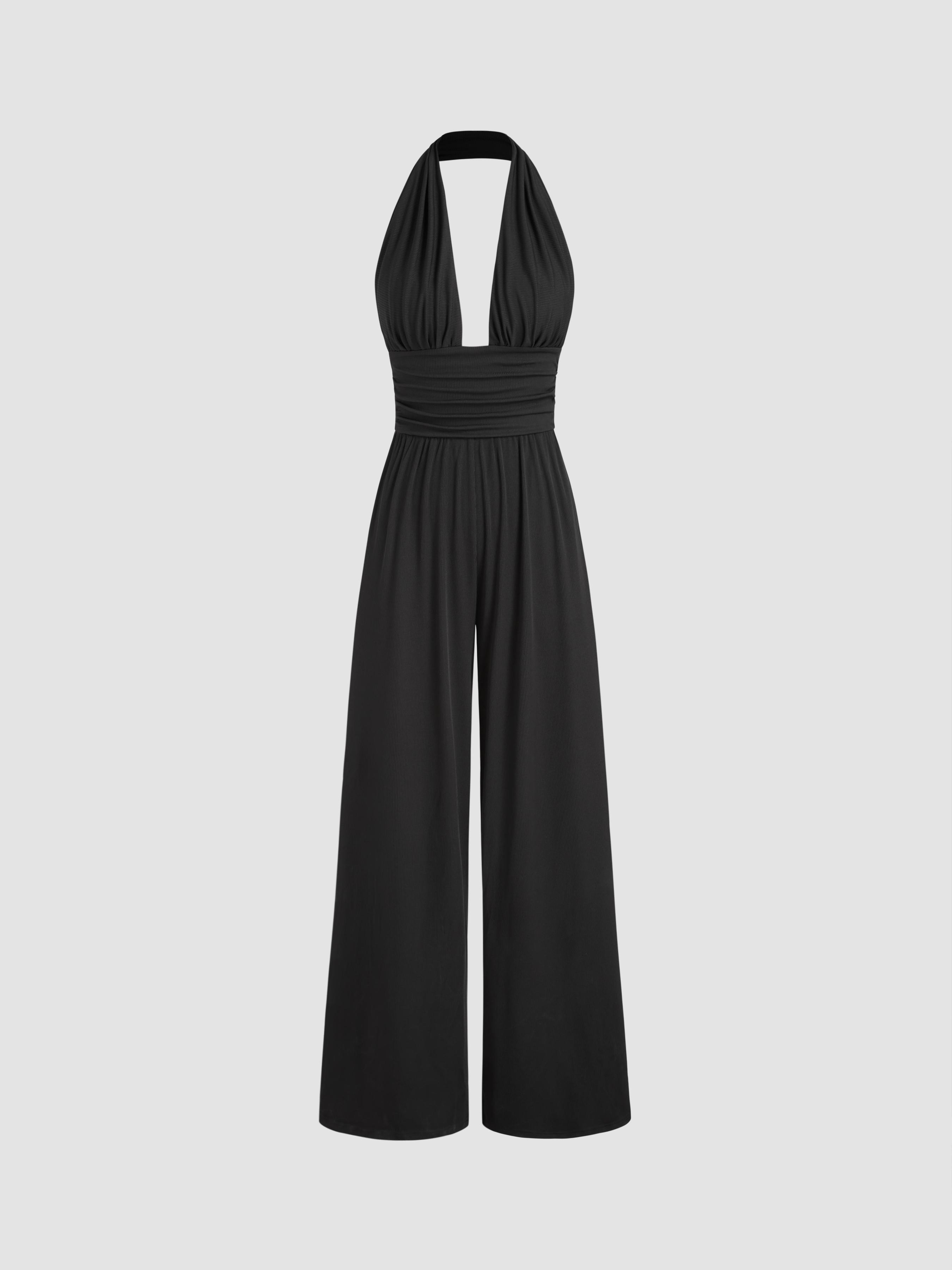 V-neck Ruched Wide Leg Jumpsuit by CIDER