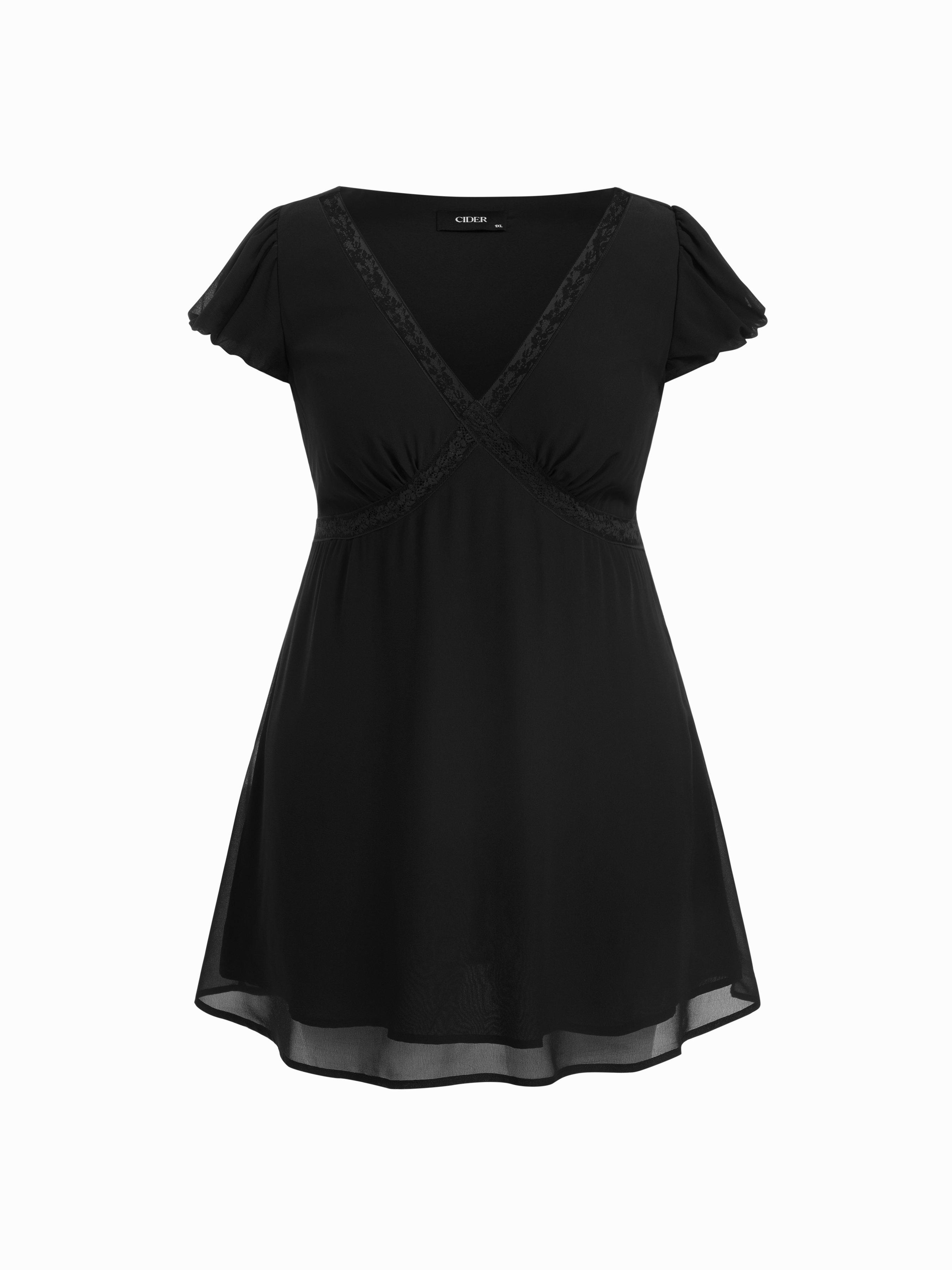 V-neck Ruffle sleeve Lace Panel A-line Mini Dress Curve & Plus by CIDER