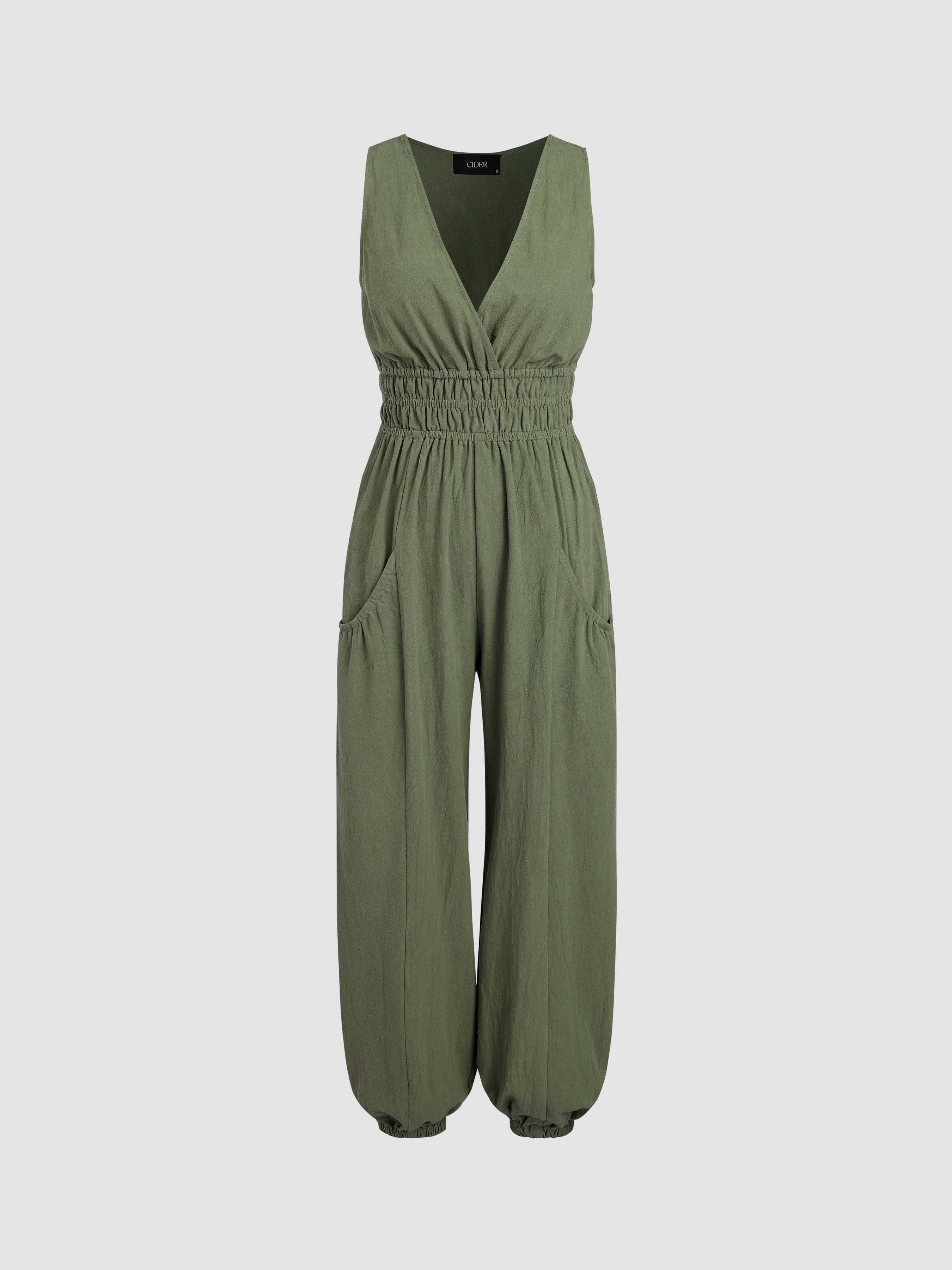 V-neck Shirred Pocket Jogger Jumpsuit by CIDER