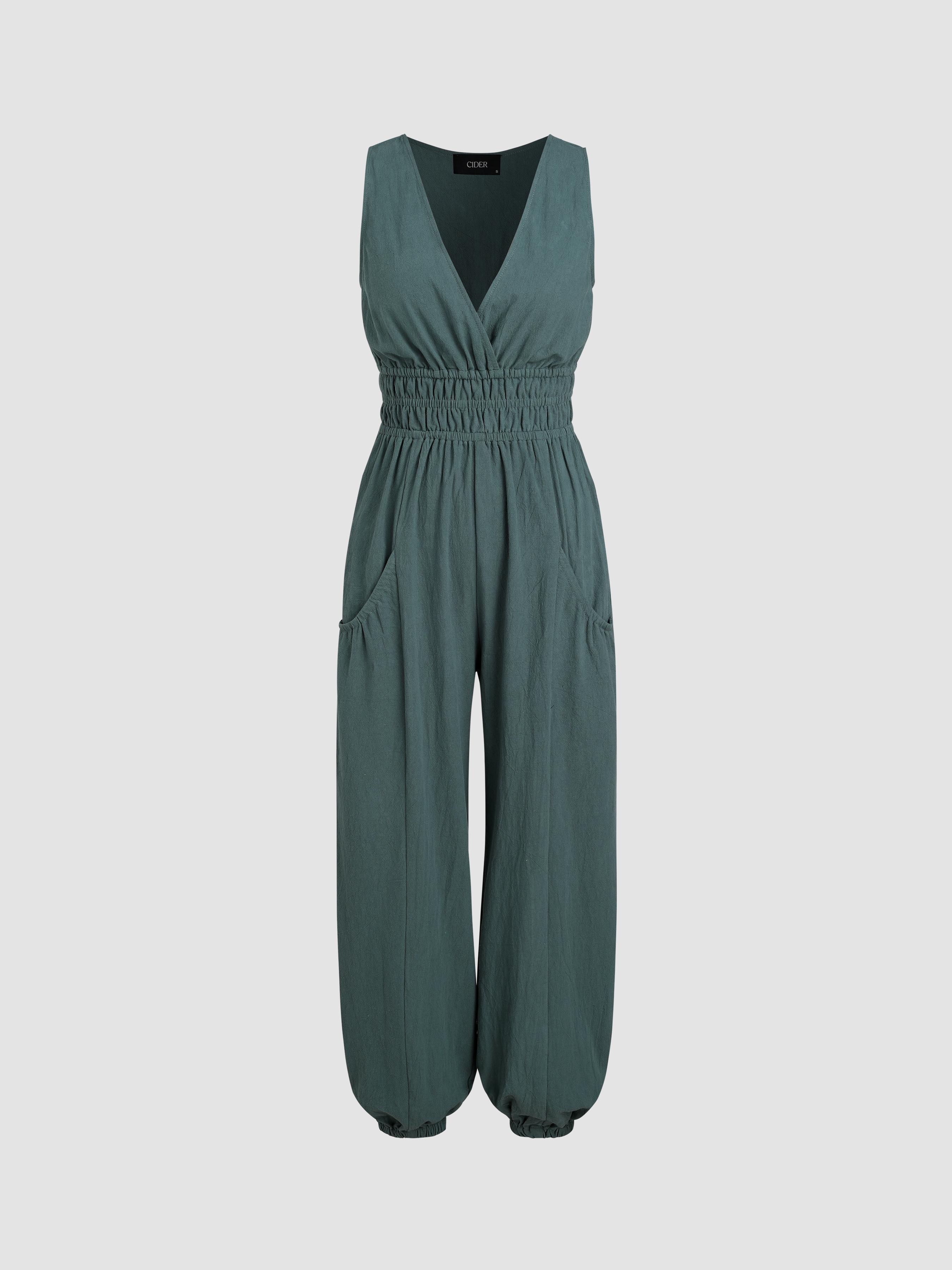 V-neck Shirred Pocket Jogger Jumpsuit by CIDER