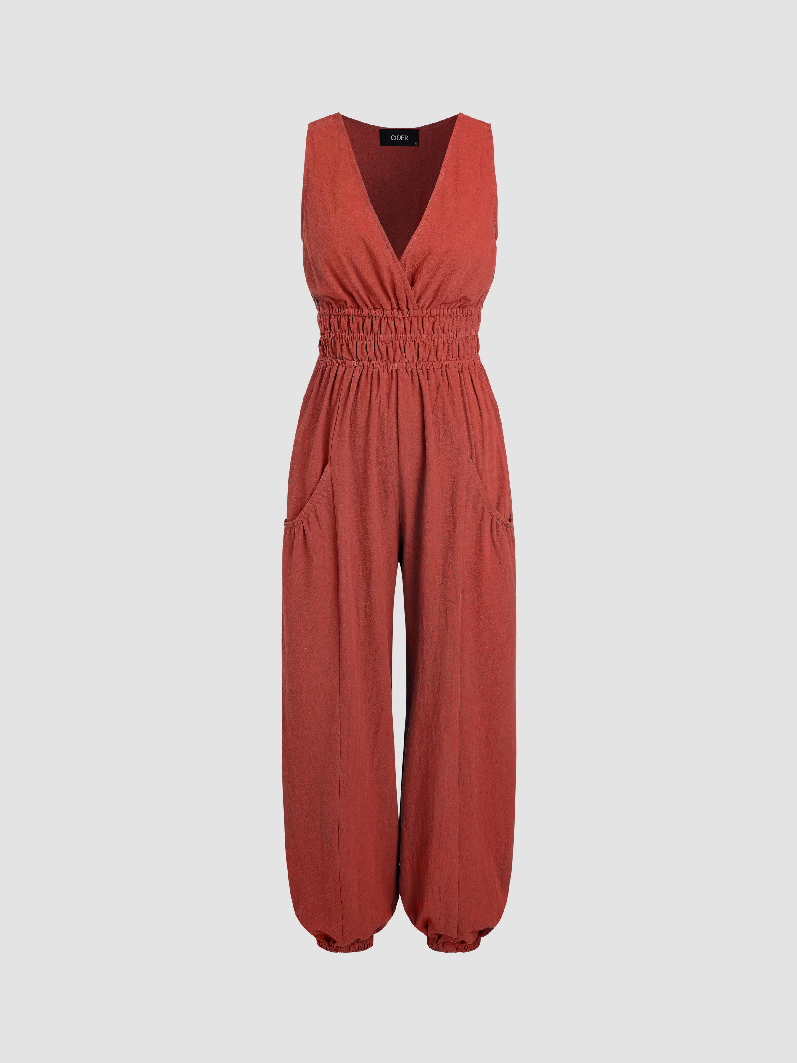 V-neck Shirred Pocket Jogger Jumpsuit by CIDER