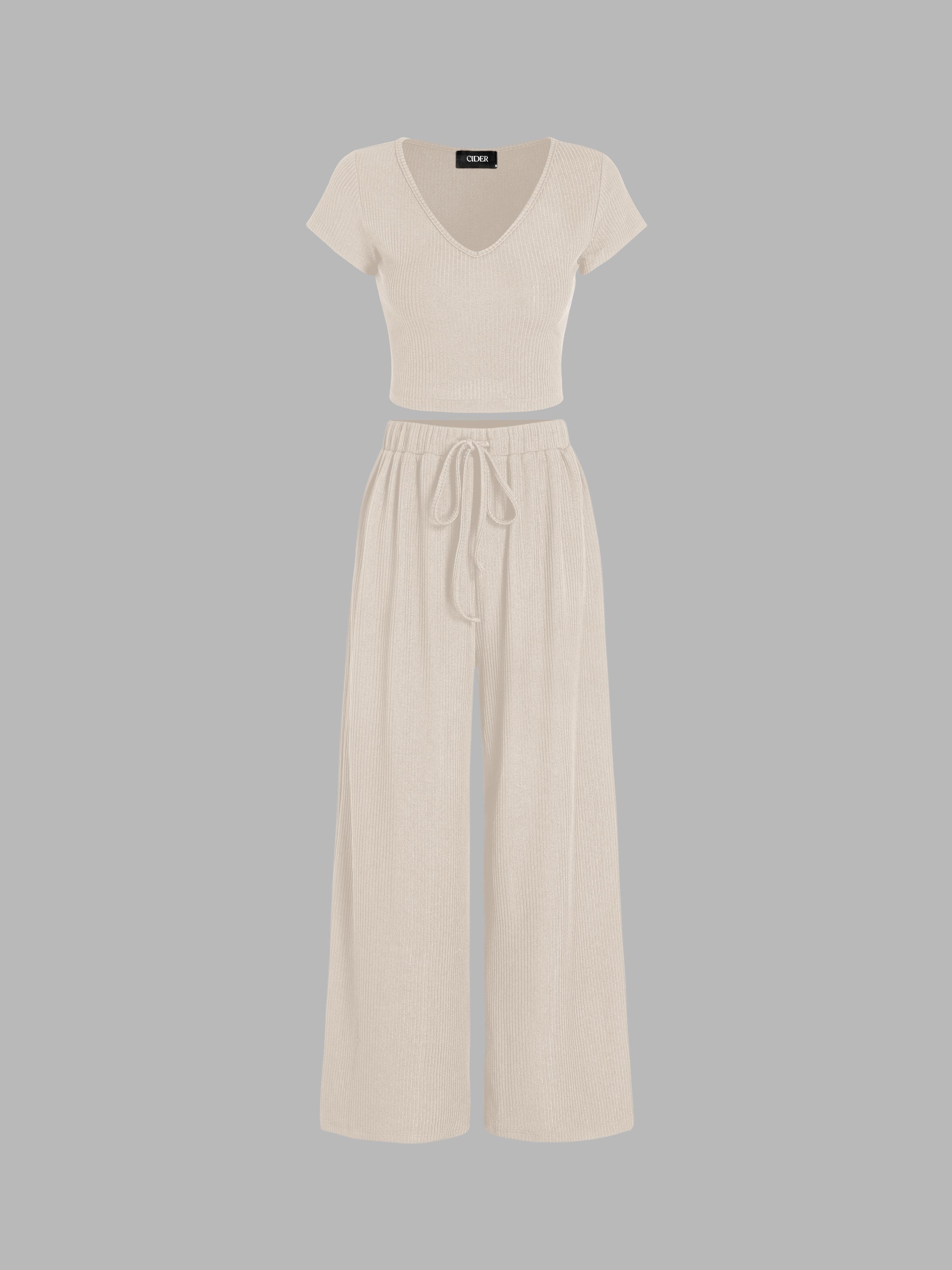 V-neck Short Sleeve Crop Tee & Knotted Wide Leg Pants Set by CIDER