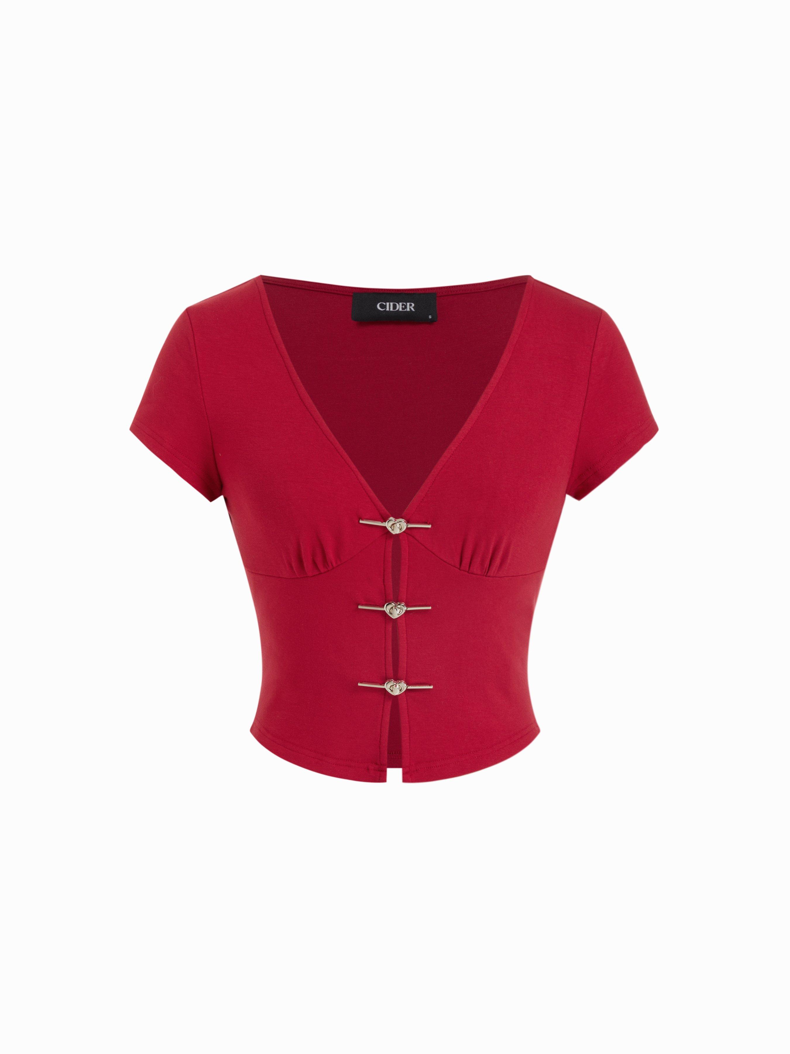 V-neck Short Sleeve Metal Detail Crop Tee by CIDER