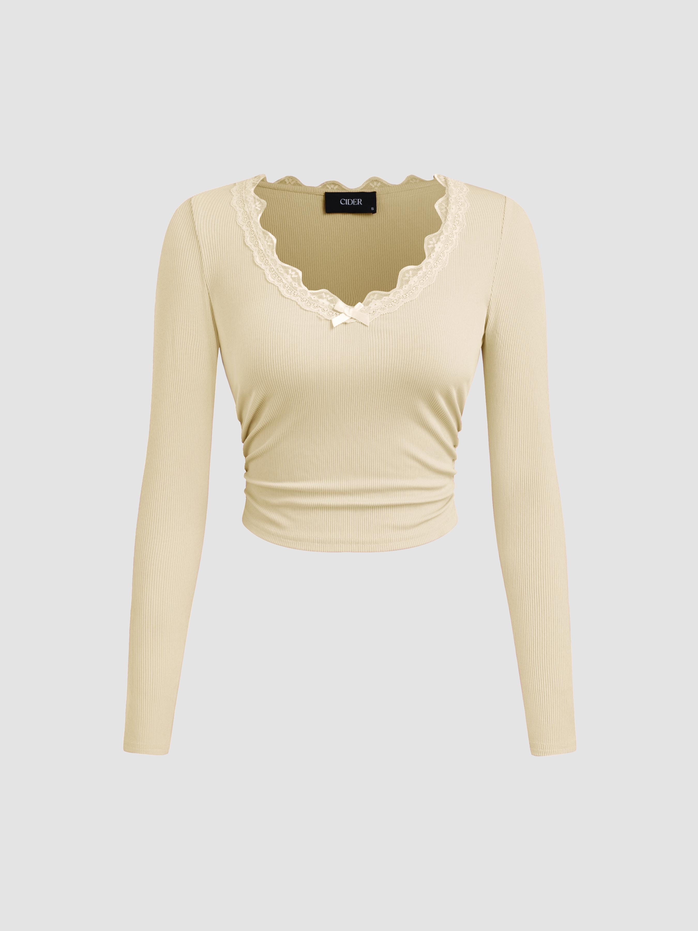 V-neck Solid Bowknot Lace Ruched Long Sleeve Crop Top by CIDER V-neck Solid Bowknot Lace Ruched Long Sleeve Crop Top by CIDER