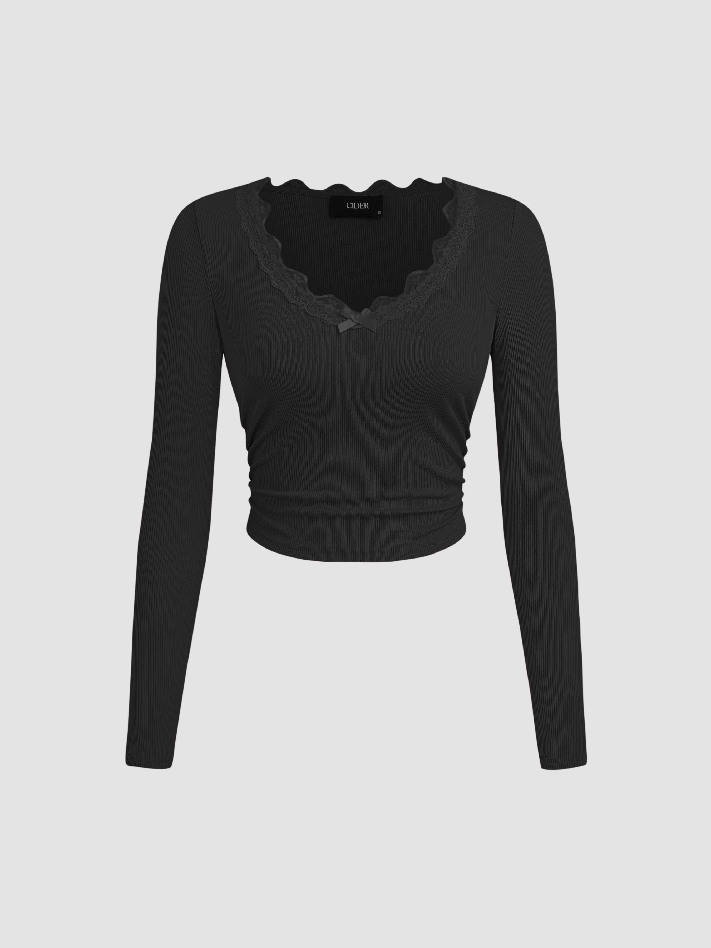 V-neck Solid Bowknot Lace Ruched Long Sleeve Crop Top by CIDER