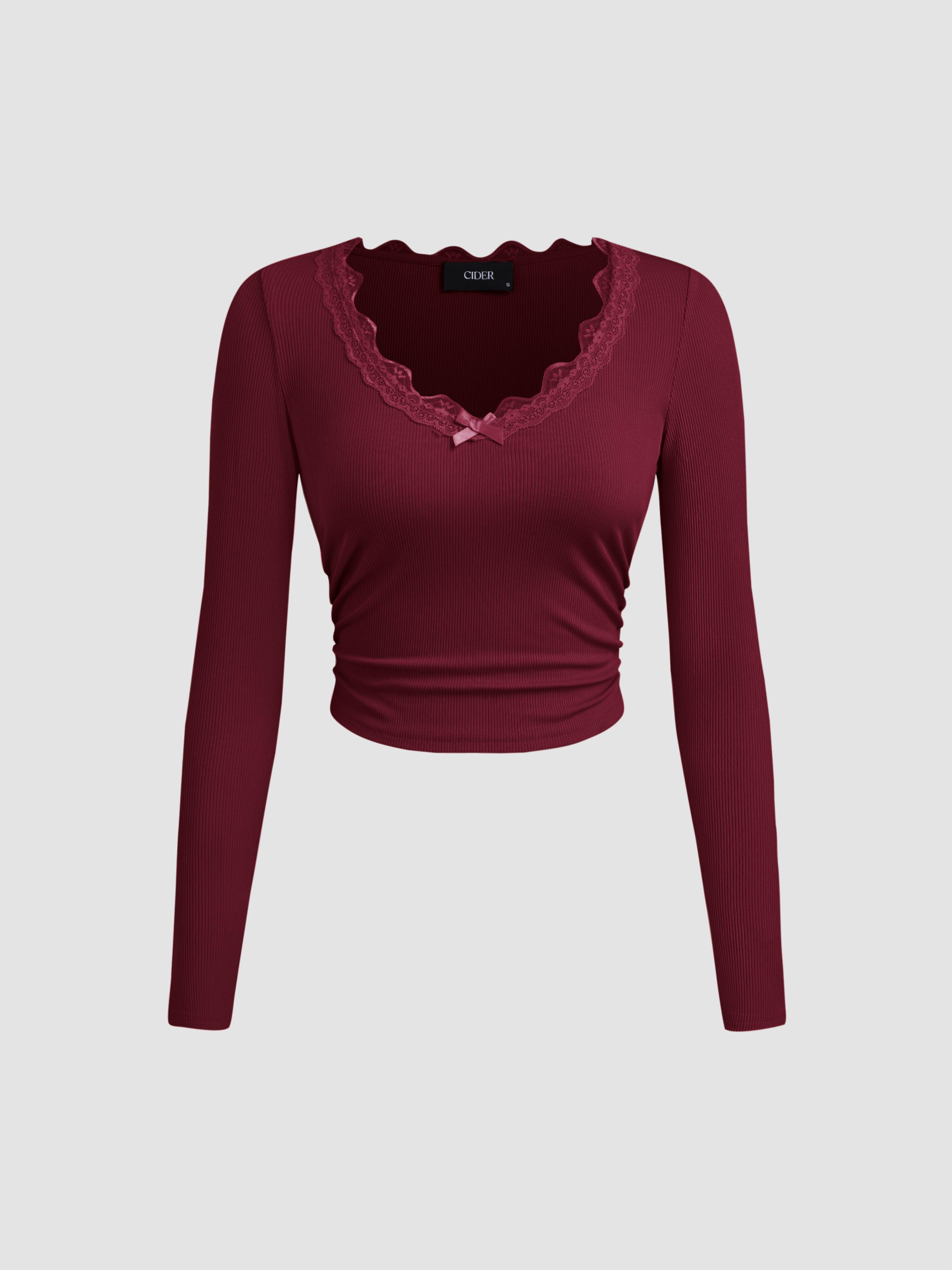 V-neck Solid Bowknot Lace Ruched Long Sleeve Crop Top by CIDER