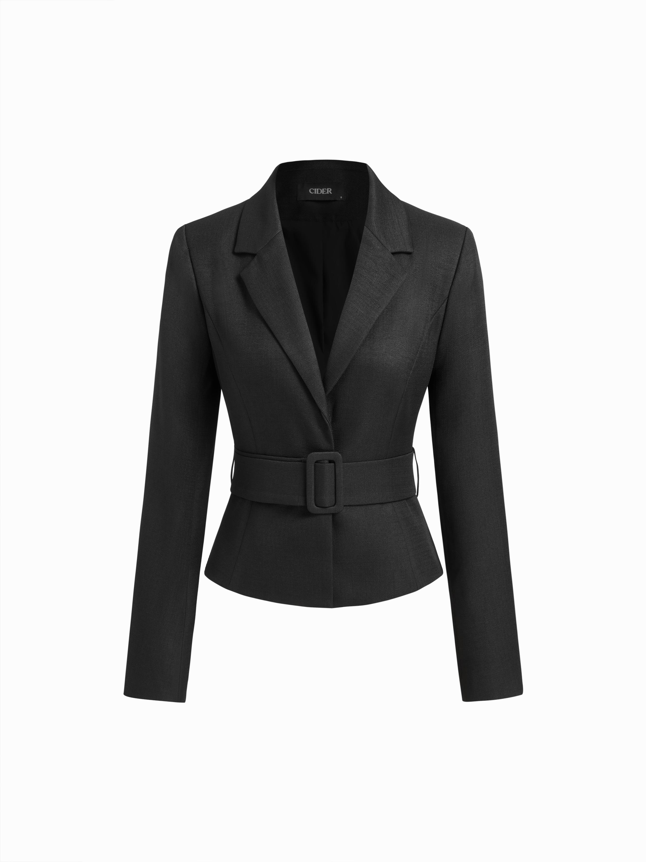 V-neck Solid Buckle Long Sleeve Cropped Blazer With Belt by CIDER