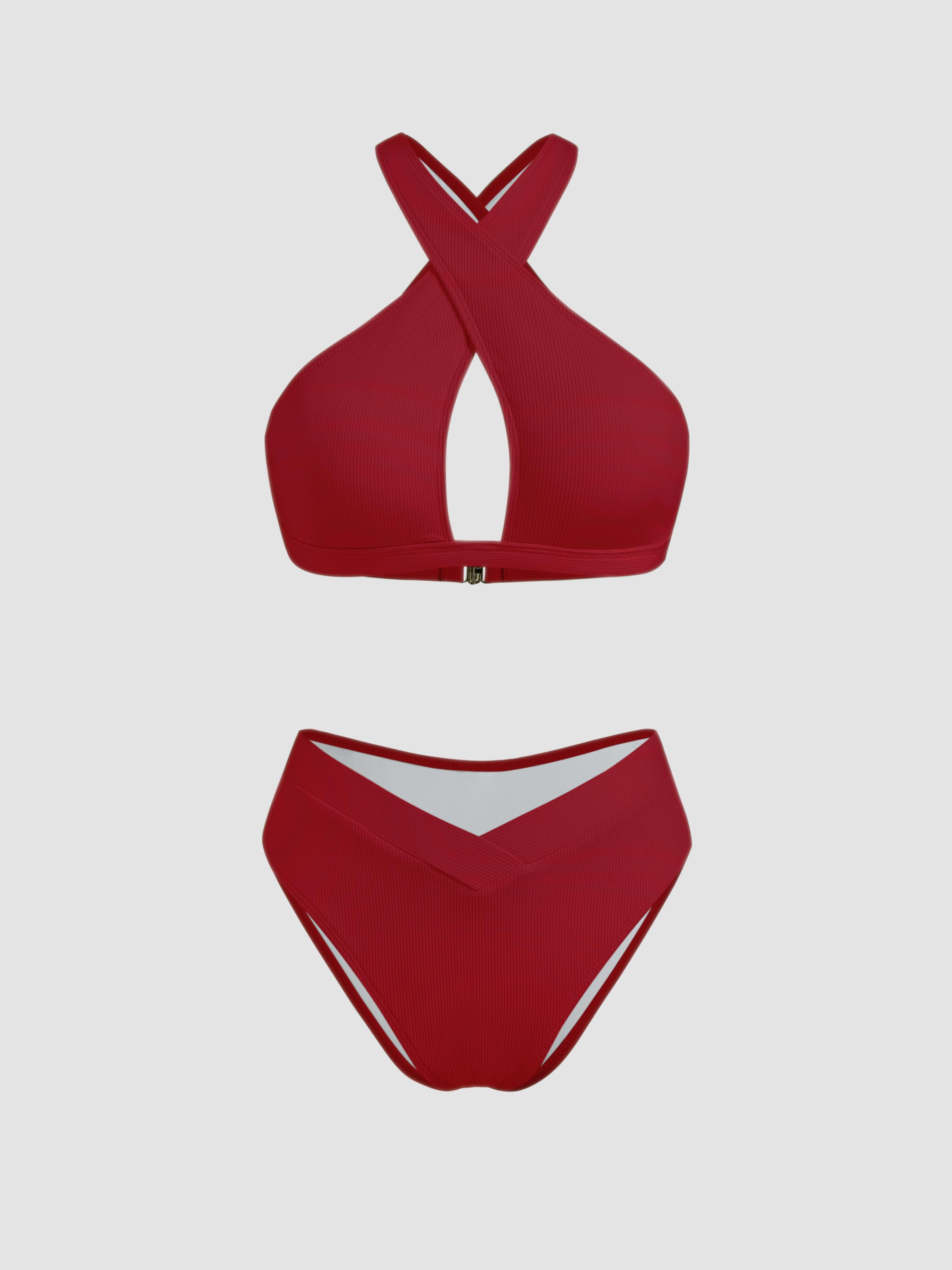 V-neck Solid Criss Cross Bracelet Cheeky Bikini Swimsuit by CIDER