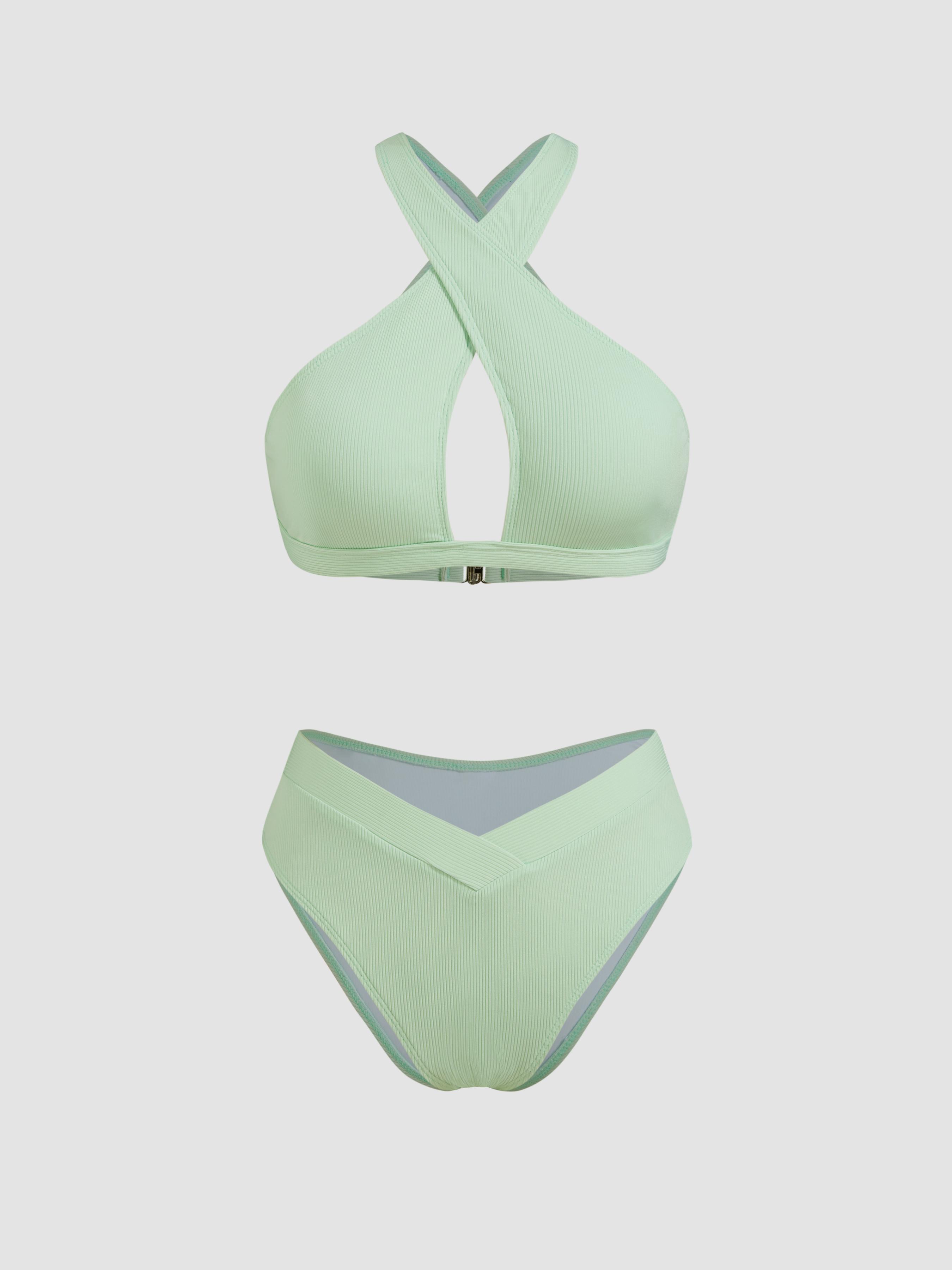 V-neck Solid Criss Cross Bracelet Cheeky Bikini Swimsuit by CIDER