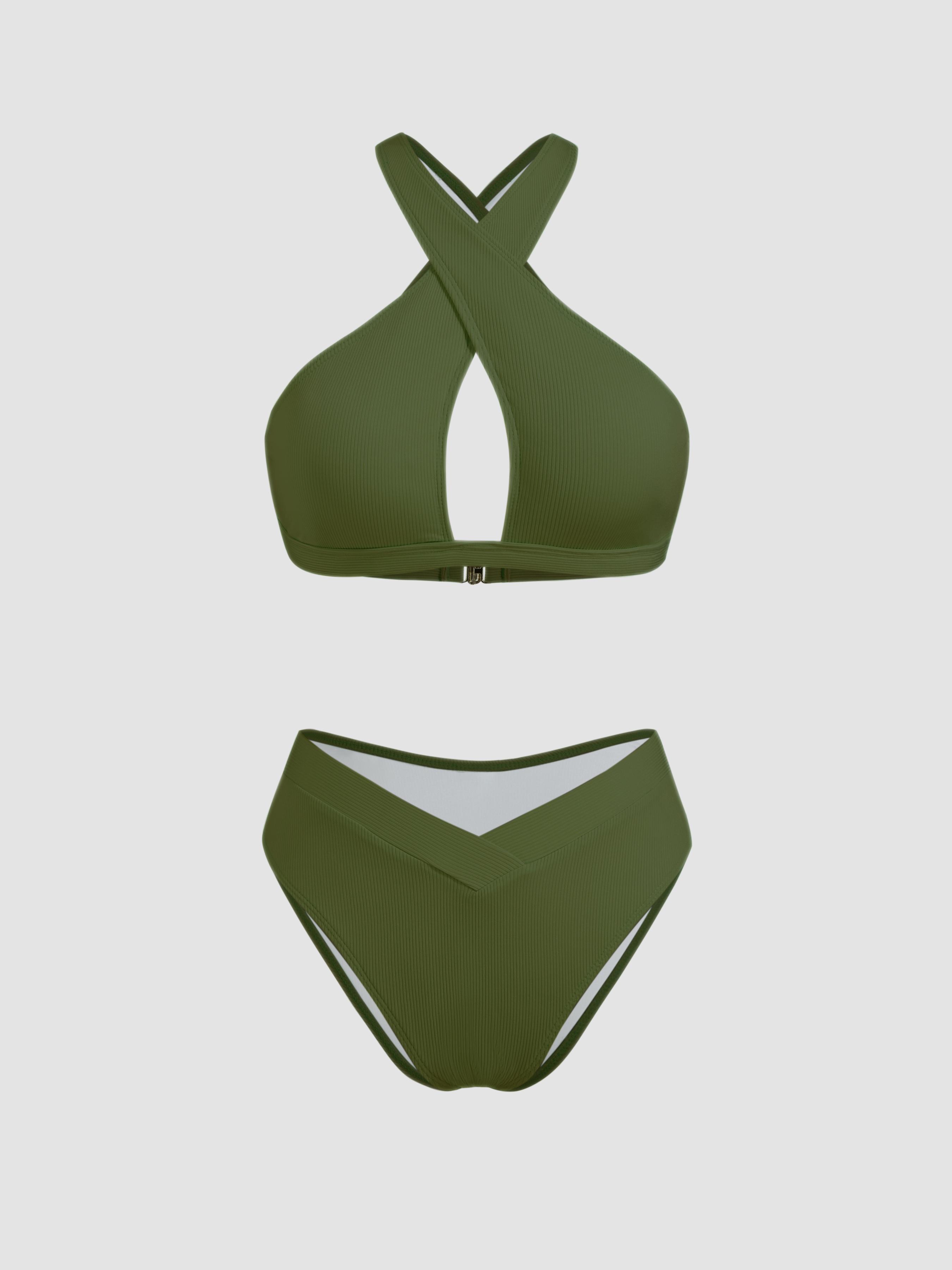 V-neck Solid Criss Cross Bracelet Cheeky Bikini Swimsuit by CIDER