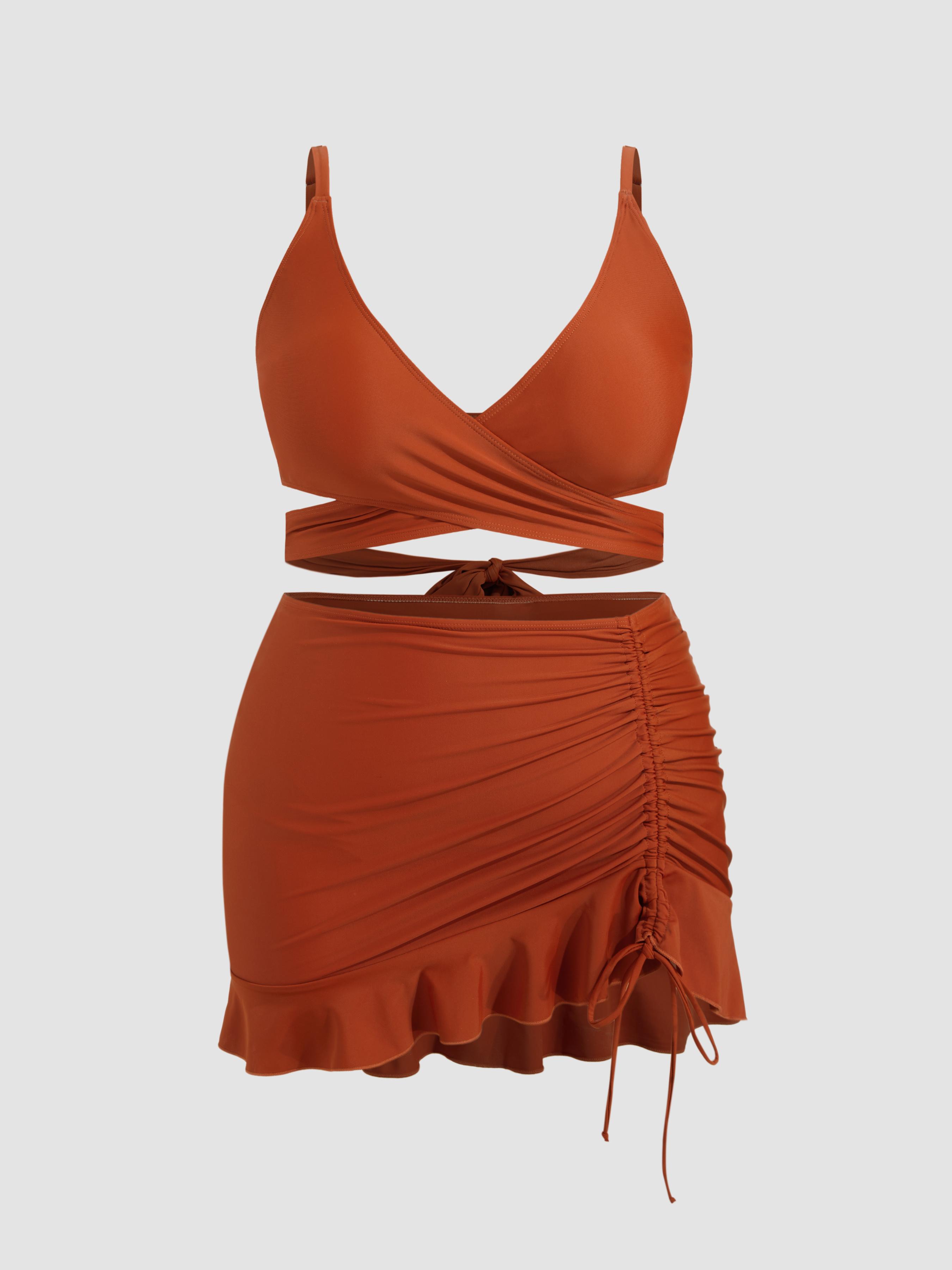 V-neck Solid Criss Cross Cheeky Bikini Set With Drawstring Cover Up Skirt Curve & Plus by CIDER