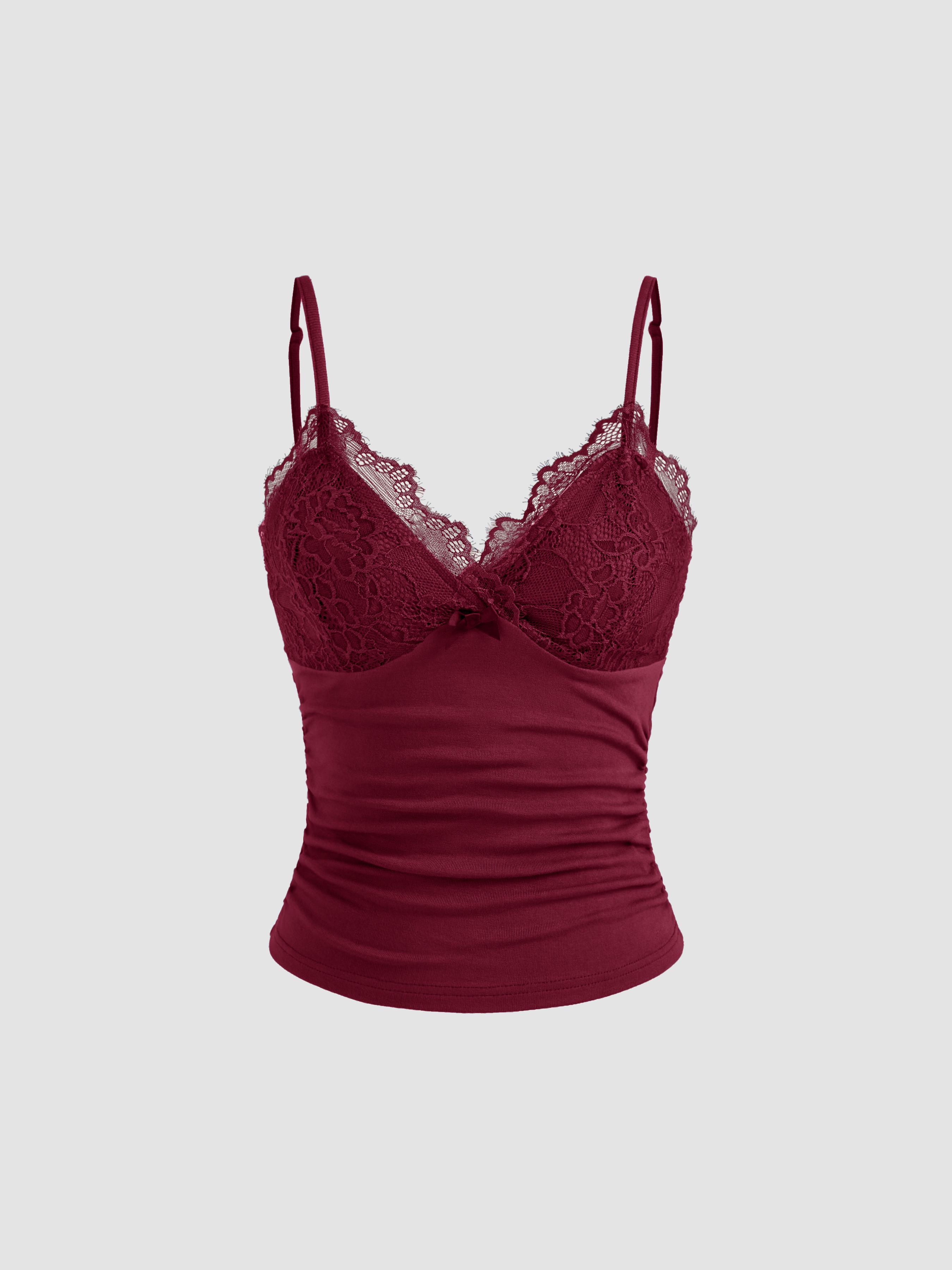V-neck Solid Lace Ruched Cami Top by CIDER