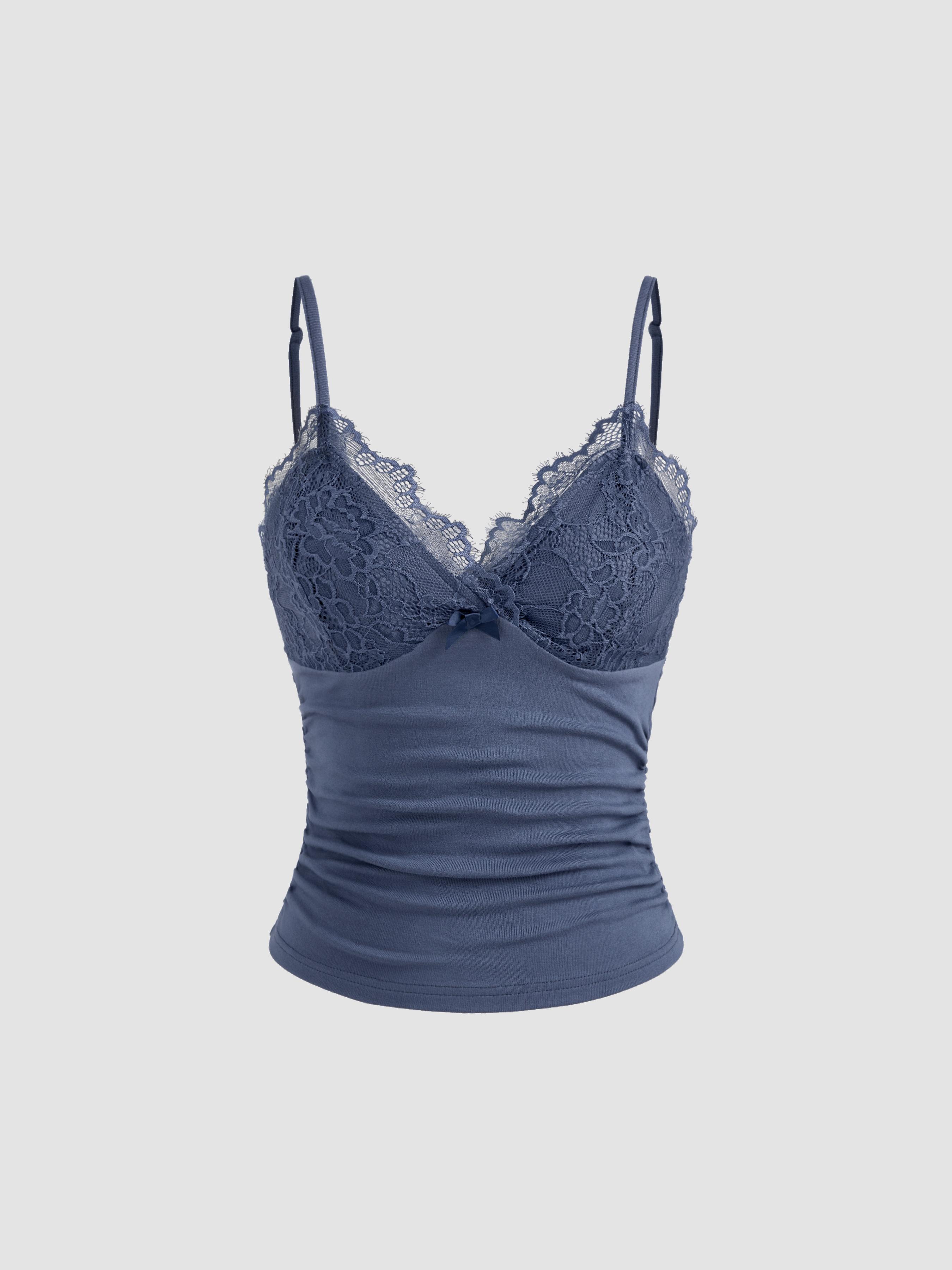 V-neck Solid Lace Ruched Cami Top by CIDER