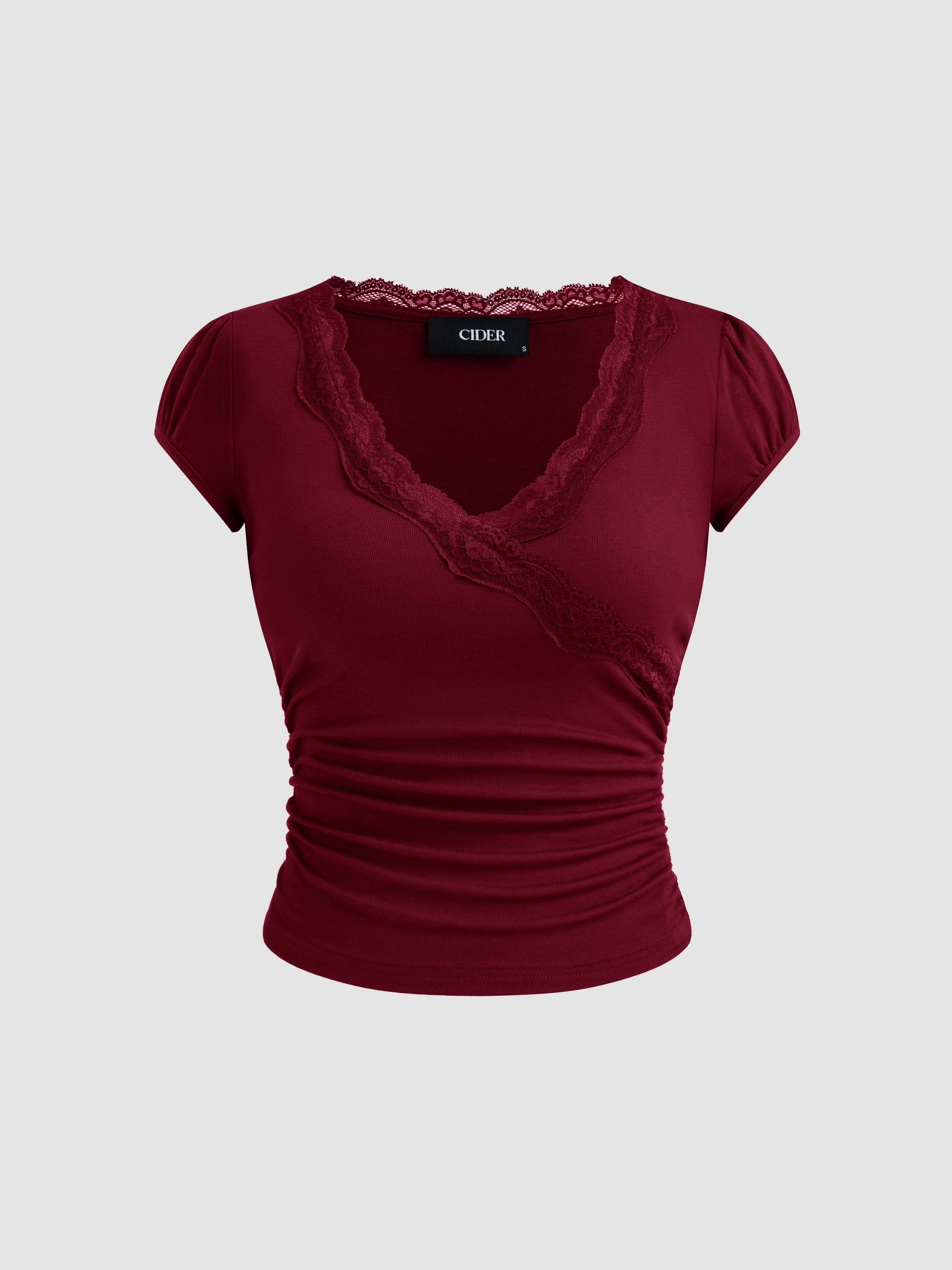 V-neck Solid Lace Trim Ruched Short Sleeve Tee by CIDER