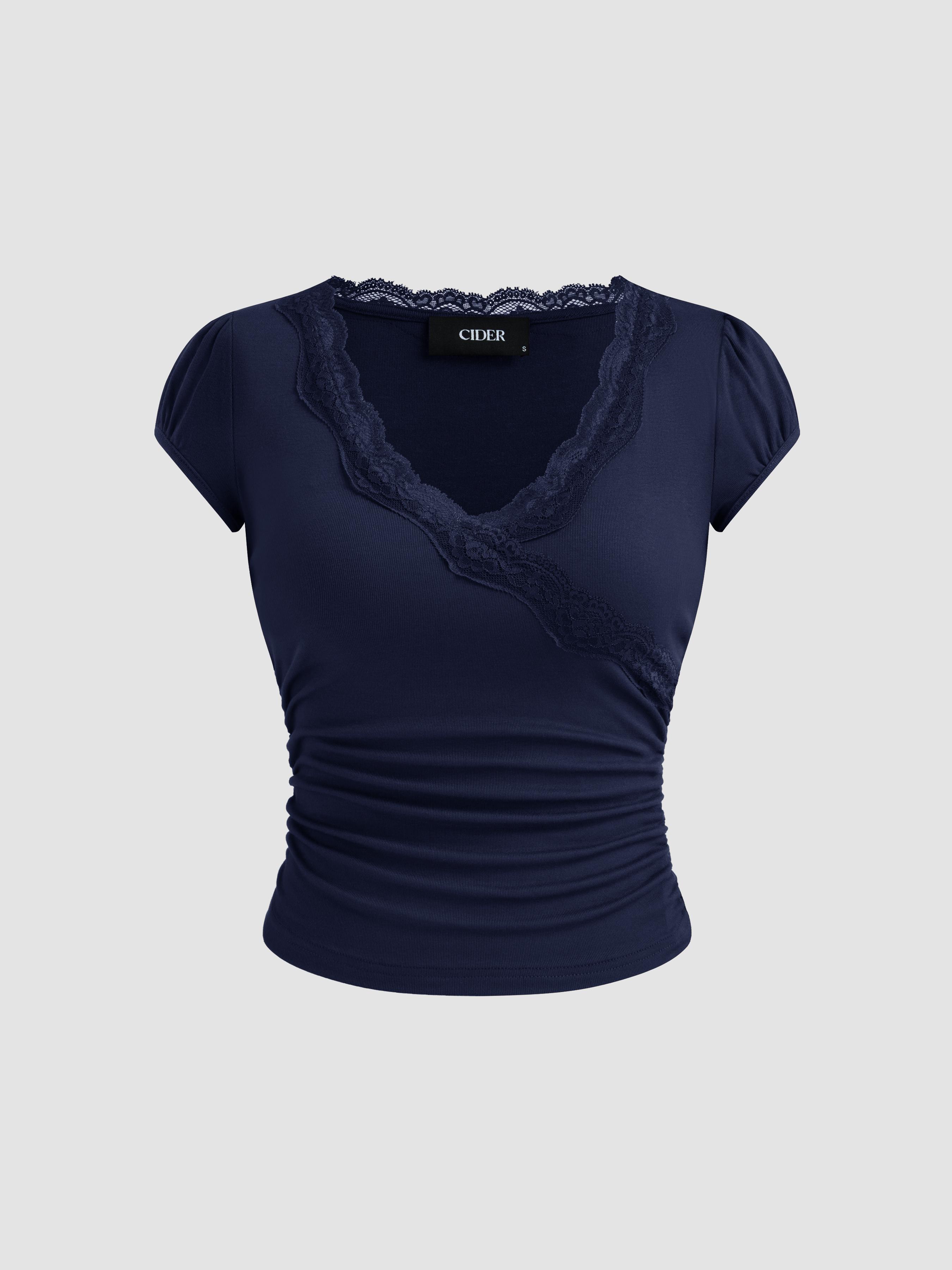 V-neck Solid Lace Trim Ruched Short Sleeve Tee by CIDER