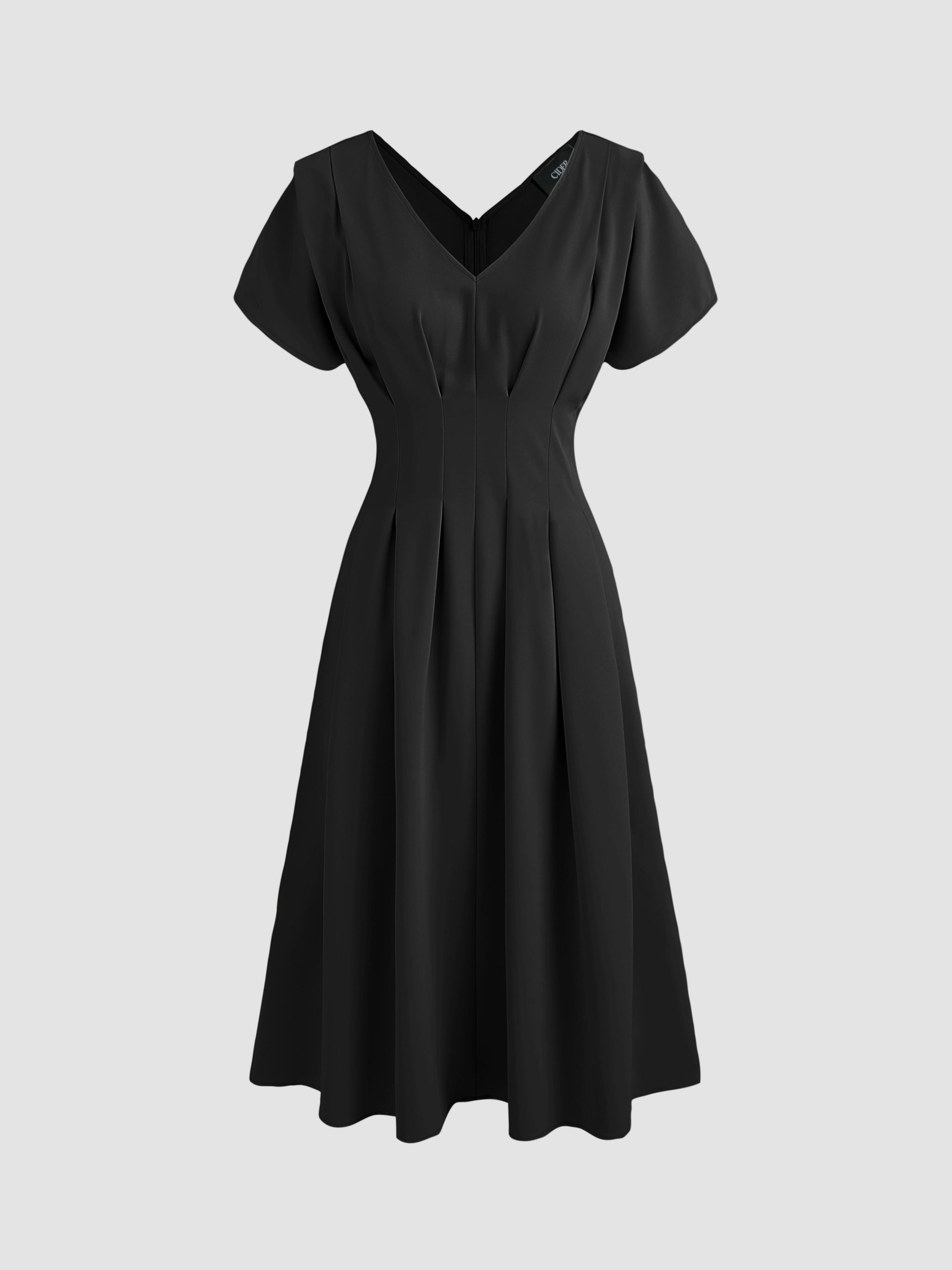 V-neck Solid Pleated Midi Dress by CIDER
