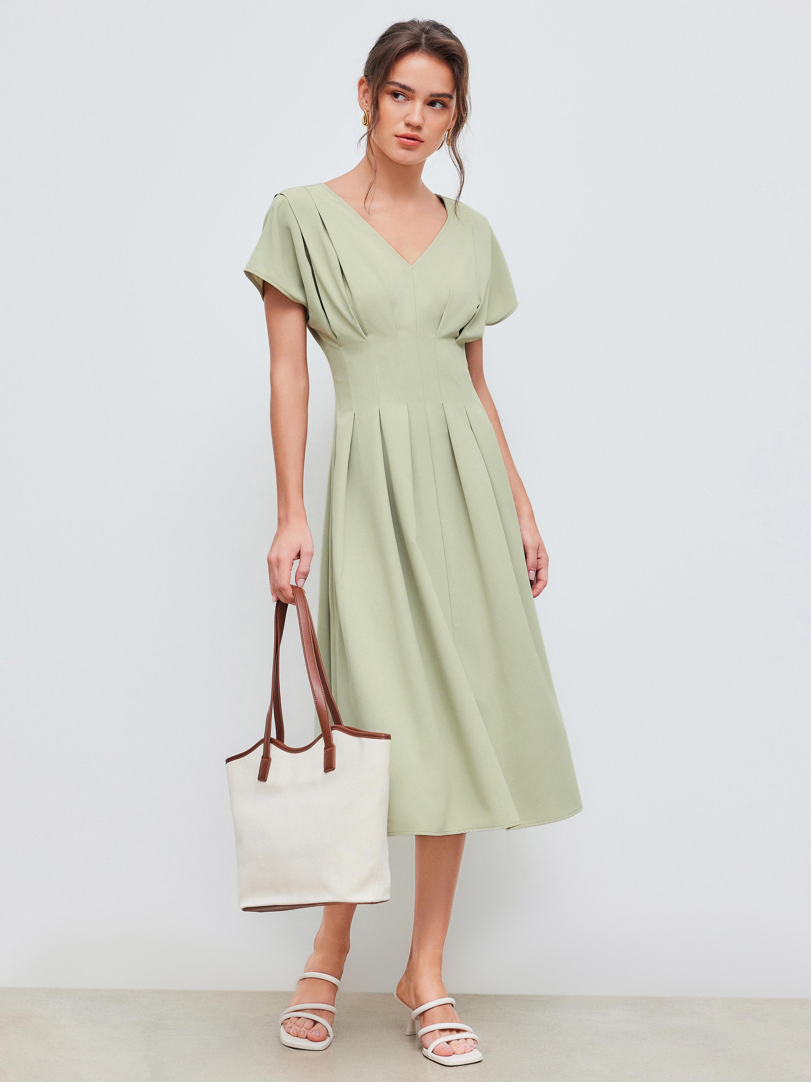V-neck Solid Pleated Midi Dress by CIDER